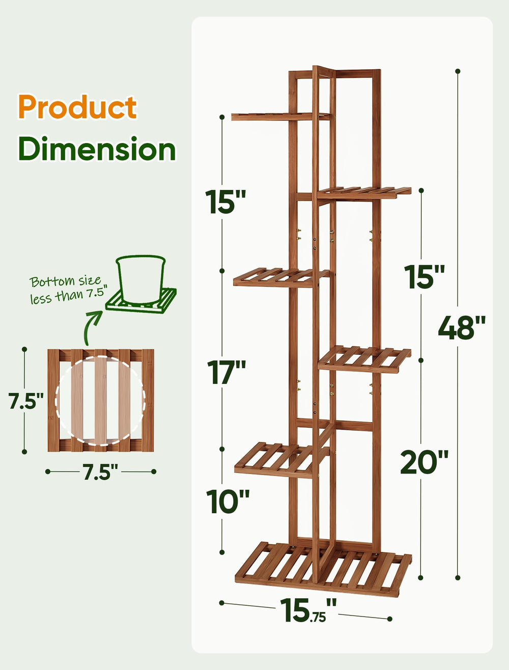 Side view of ROSSNY bamboo plant stand showcasing potted plants
