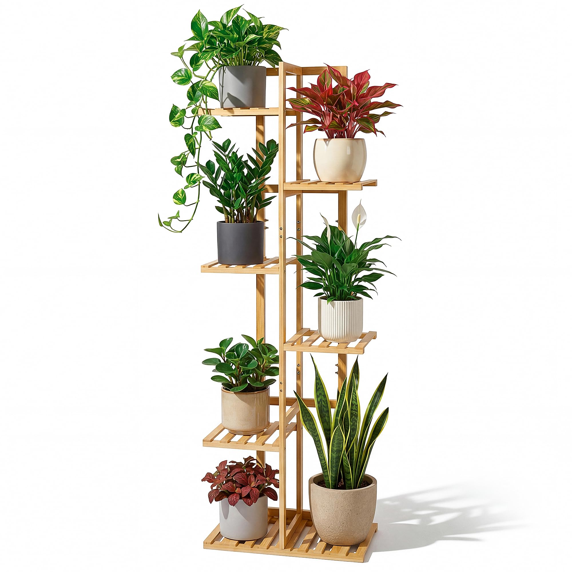 Side view of ROSSNY Bamboo Plant Stand showing its height and design