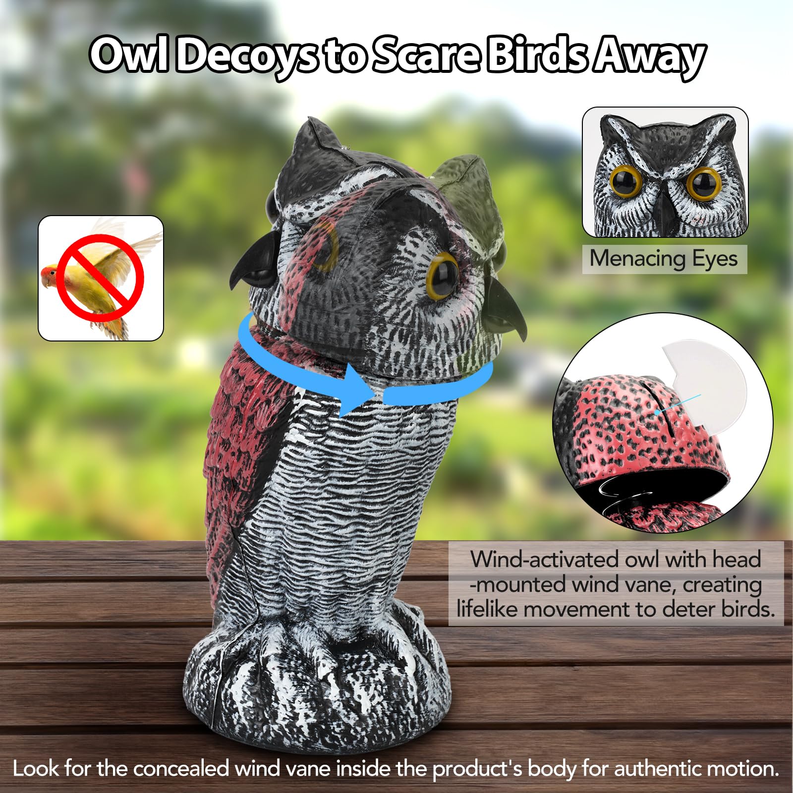 Side view of Ruolan owl decoys on patio
