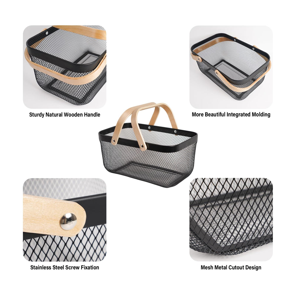 Side view of SANHSEHOME Metal Mesh Steel Harvest Basket showing wooden handles