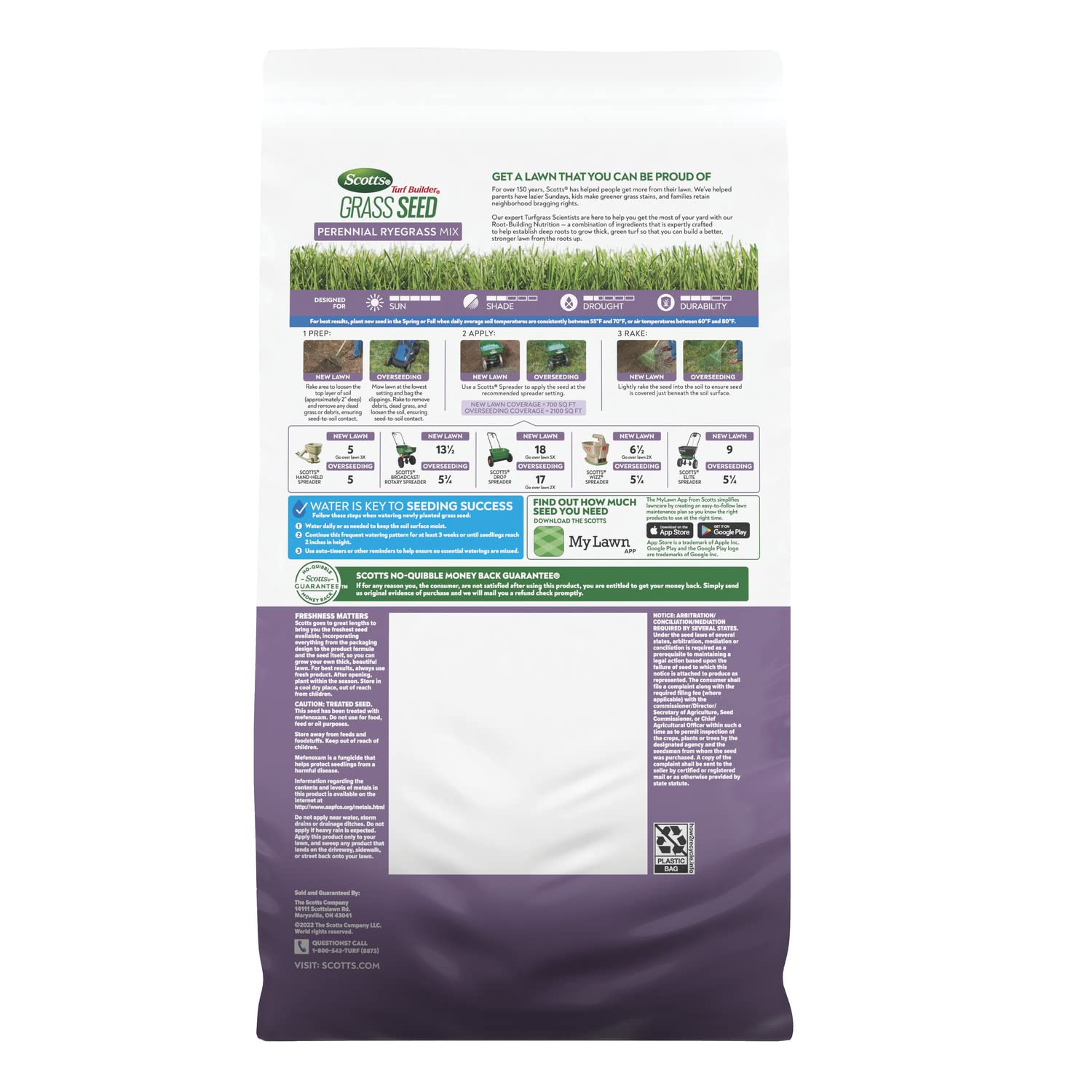 Side view of Scotts Turf Builder Grass Seed with detailed label