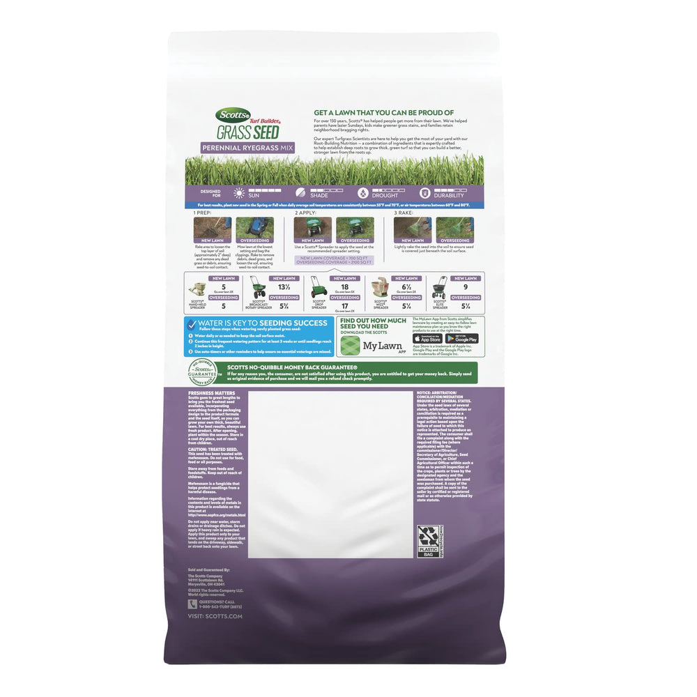 Side view of Scotts Turf Builder Grass Seed with detailed label