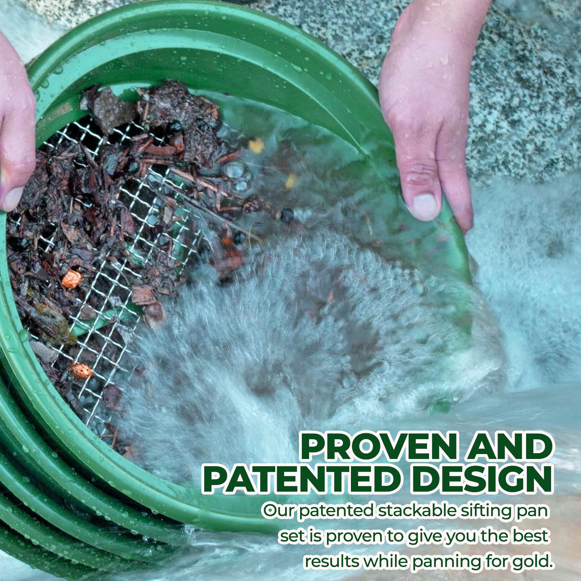 Side view of SE Stackable Gold Prospecting Pan in use