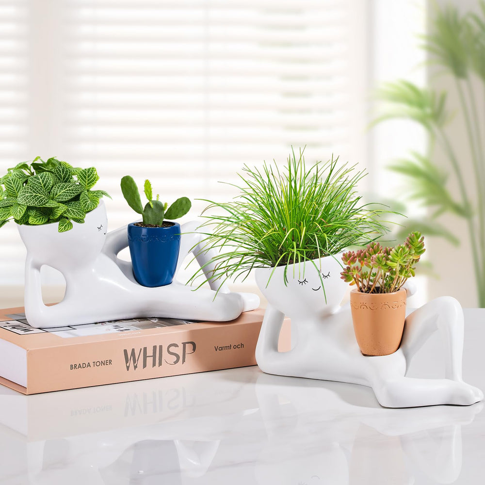 Side view of Sederikun Face Planter with succulents