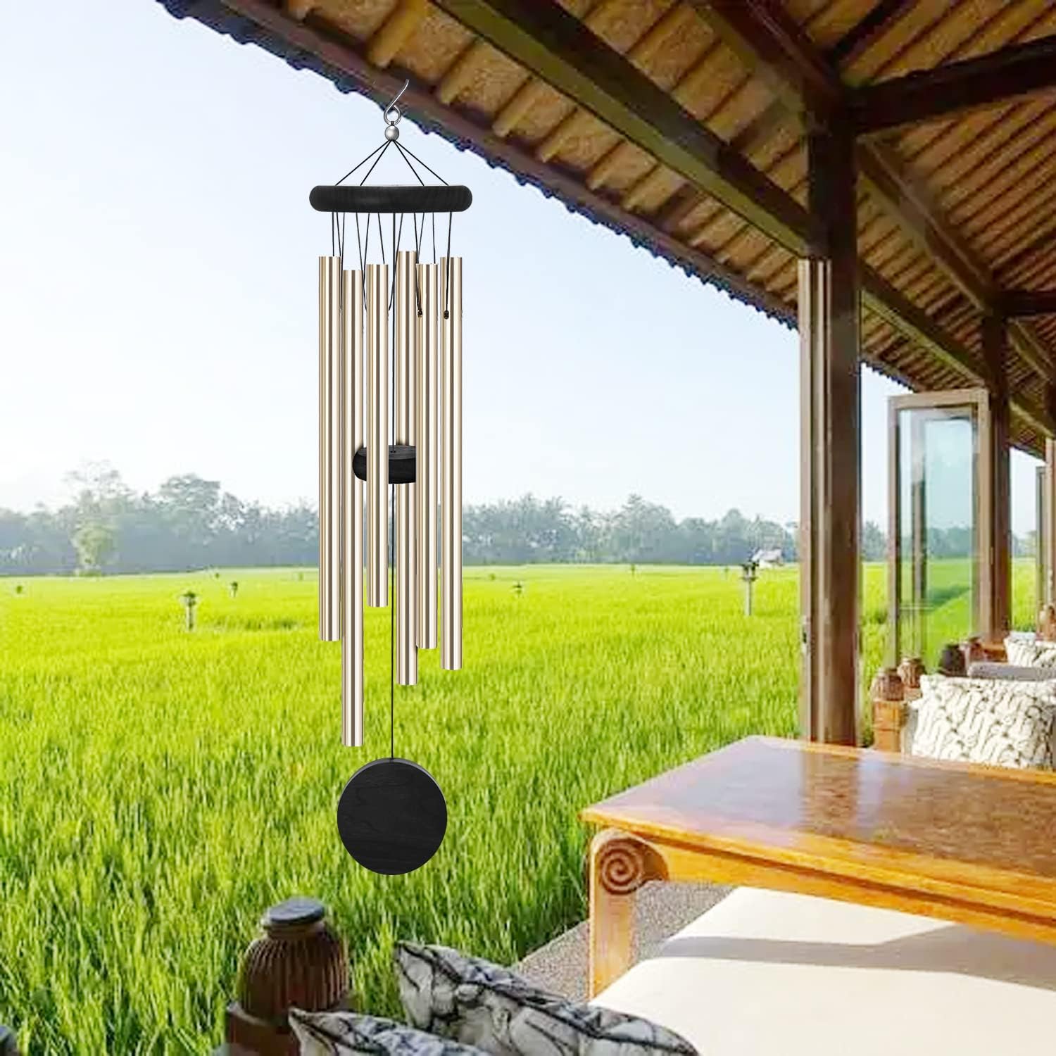 Side view of SIONMYTF wind chimes with S hook