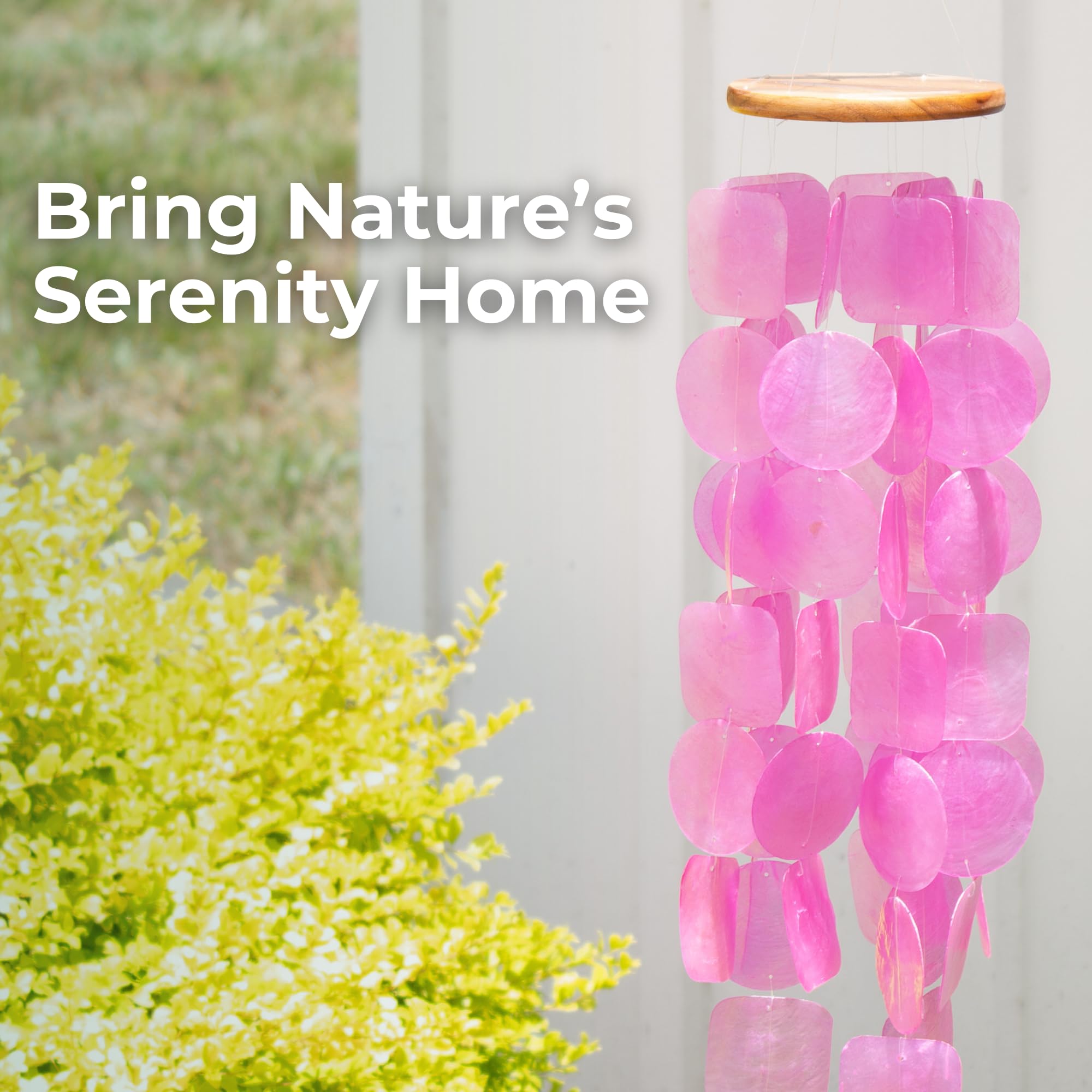 Side view of Solange & Frances Pink Wind Chimes showcasing wood top
