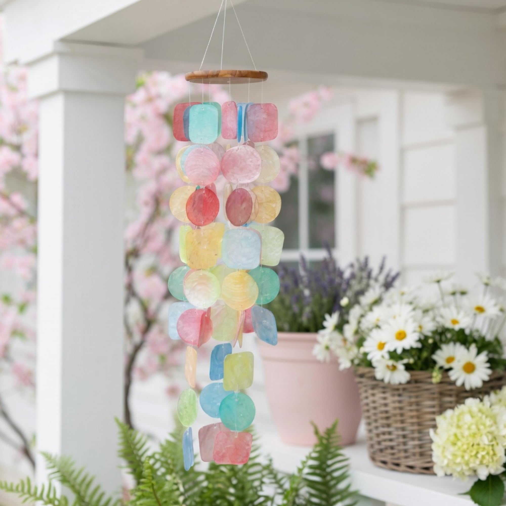 Side view of Solange & Frances Wind Chimes hanging outdoors
