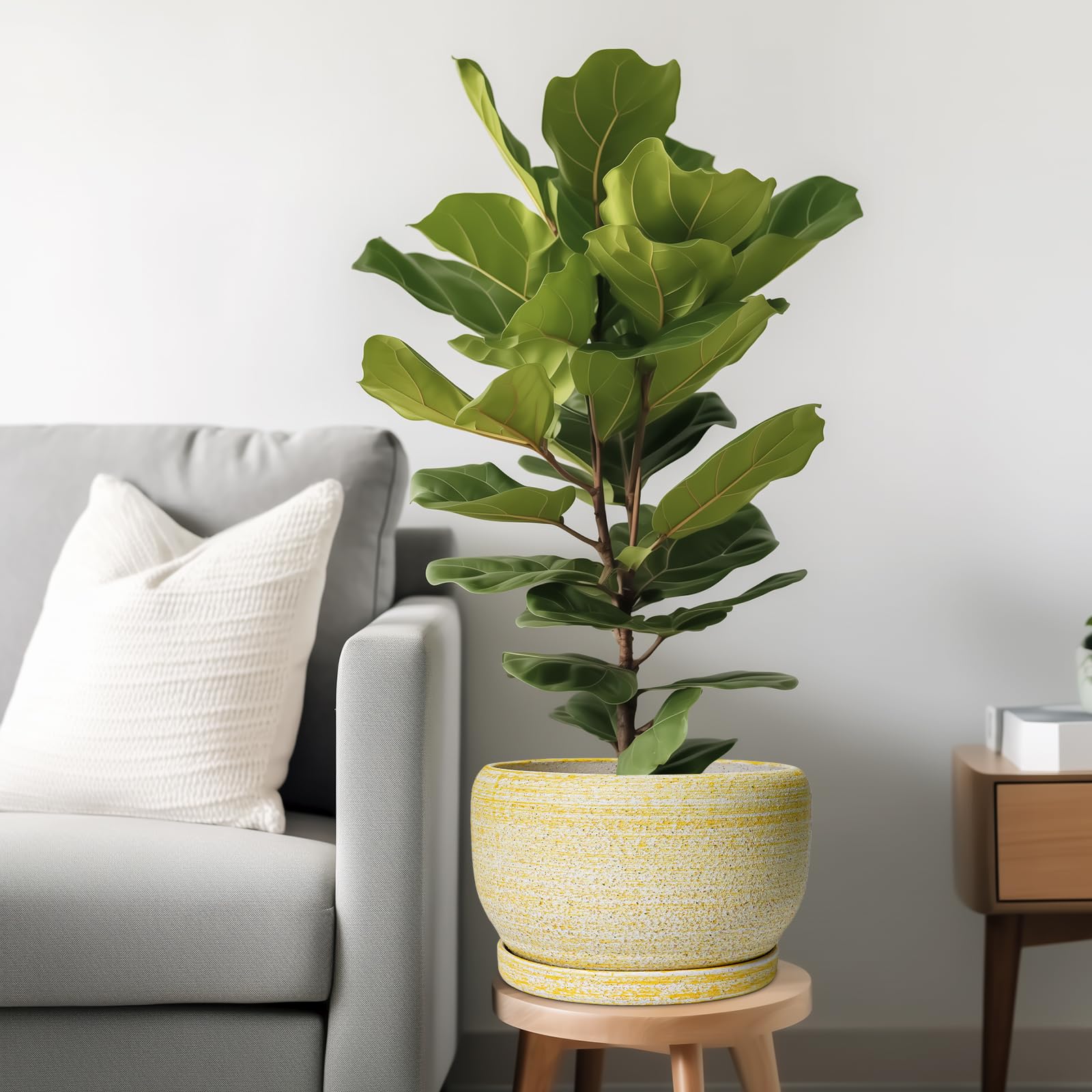 Side view of SQOWL 10 Inch Ceramic Planter in yellow