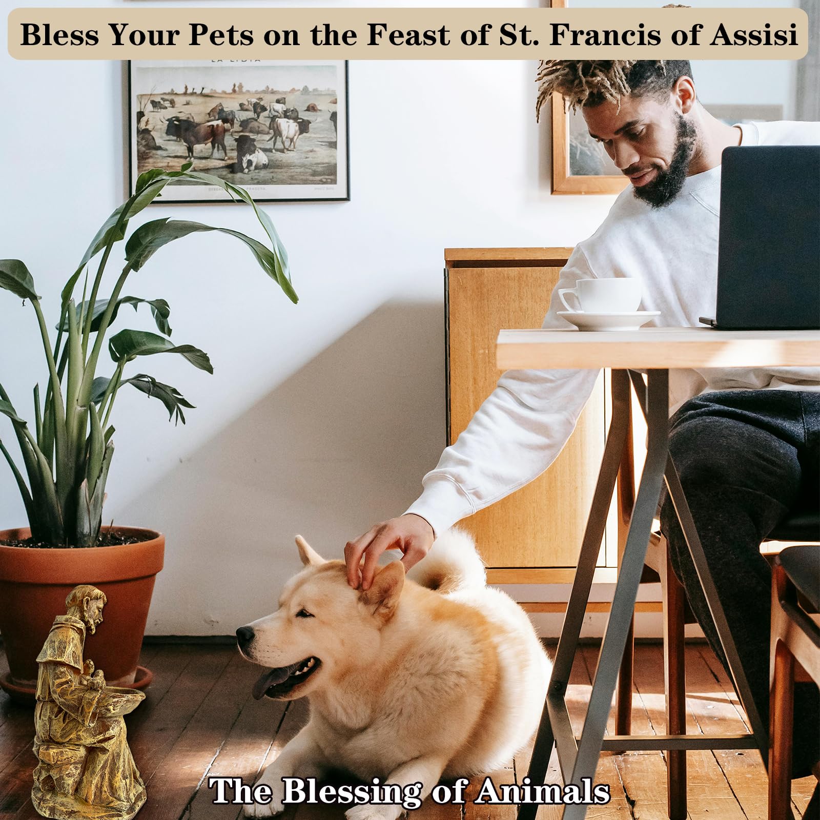 Side view of St. Francis statue with serene expression