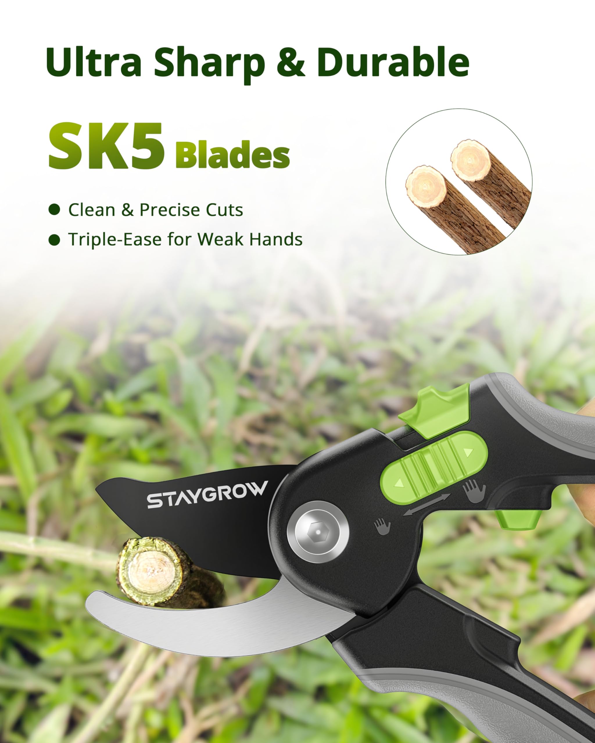 Side view of STAYGROW 8.5" pruning shears in green and black