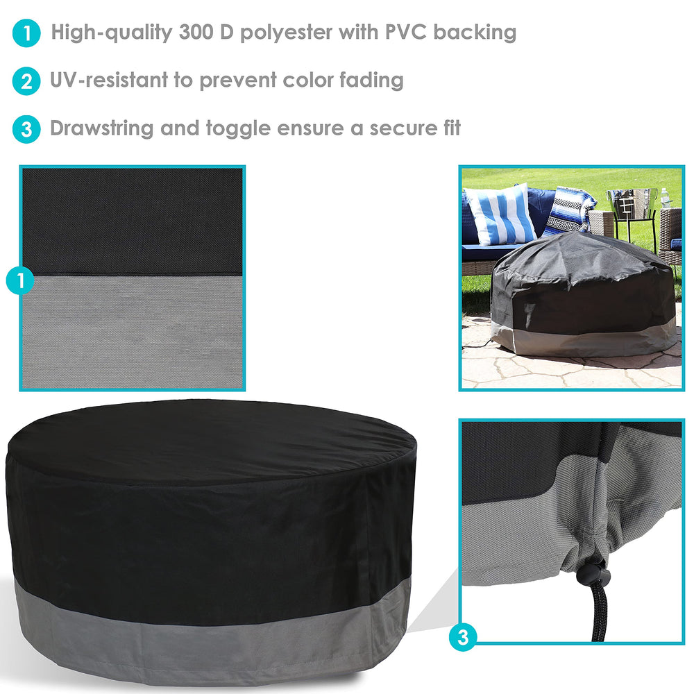 Side view of Sunnydaze Decor fire pit cover showing drawstring closure