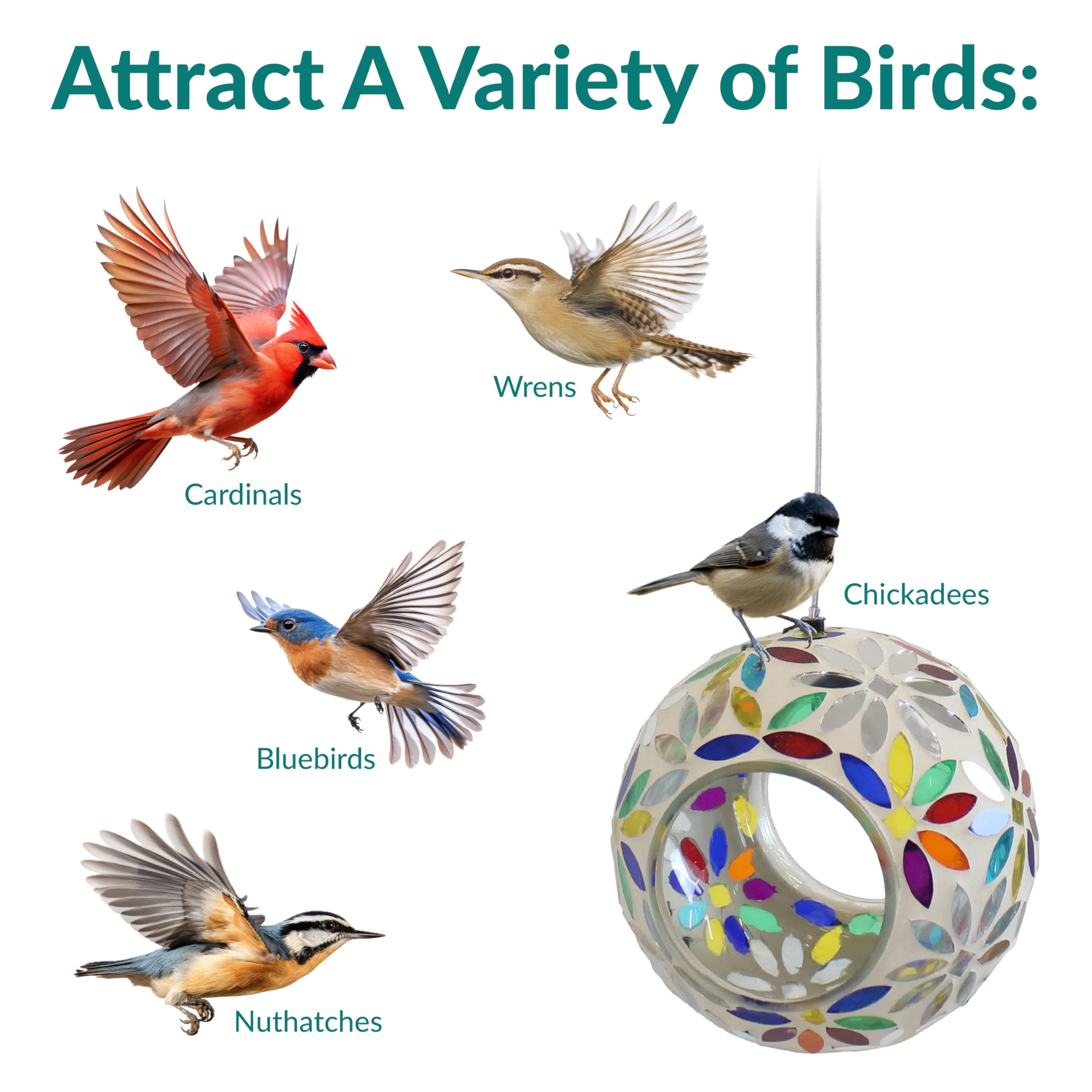 Side view of Sunnydaze Mosaic Glass Bird Feeder with hanging wire