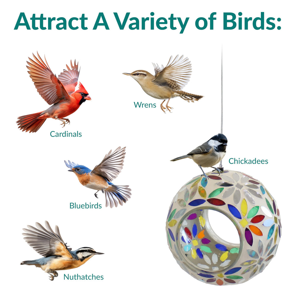 Side view of Sunnydaze Mosaic Glass Bird Feeder with hanging wire