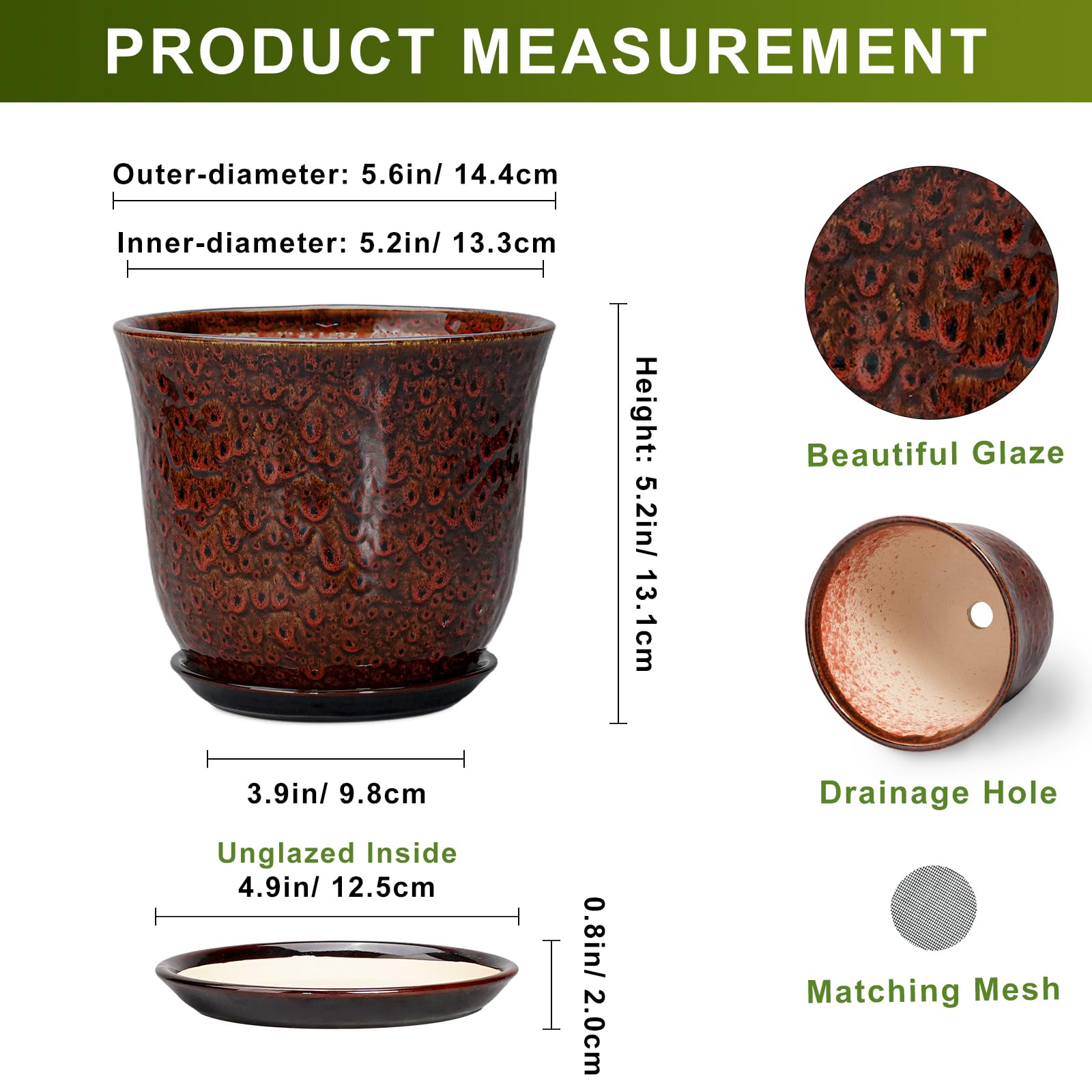Side view of SUNPOTFOR Ceramic Plant Pot with drainage hole