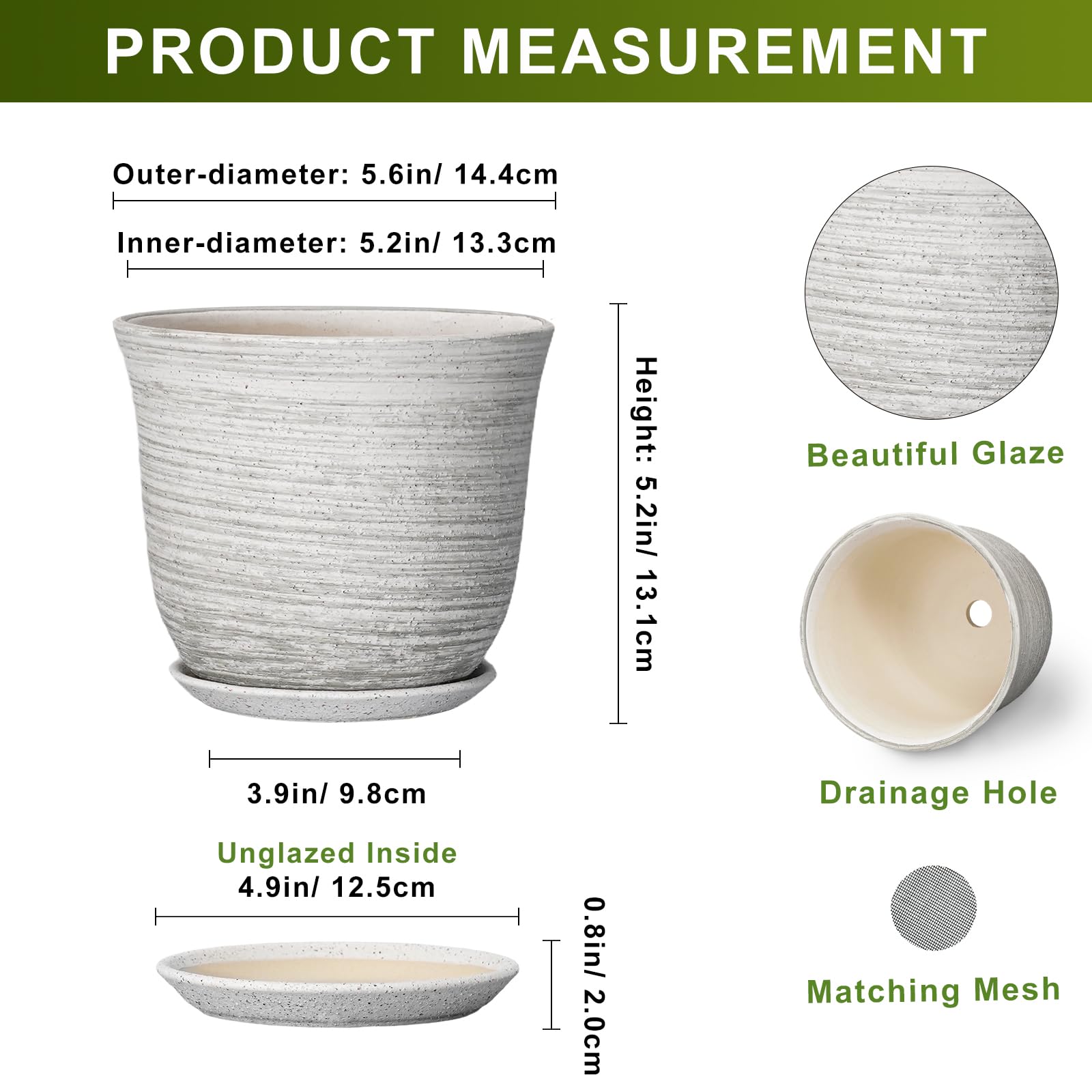 Side view of SUNPOTFOR Ceramic Plant Pot with drainage tray