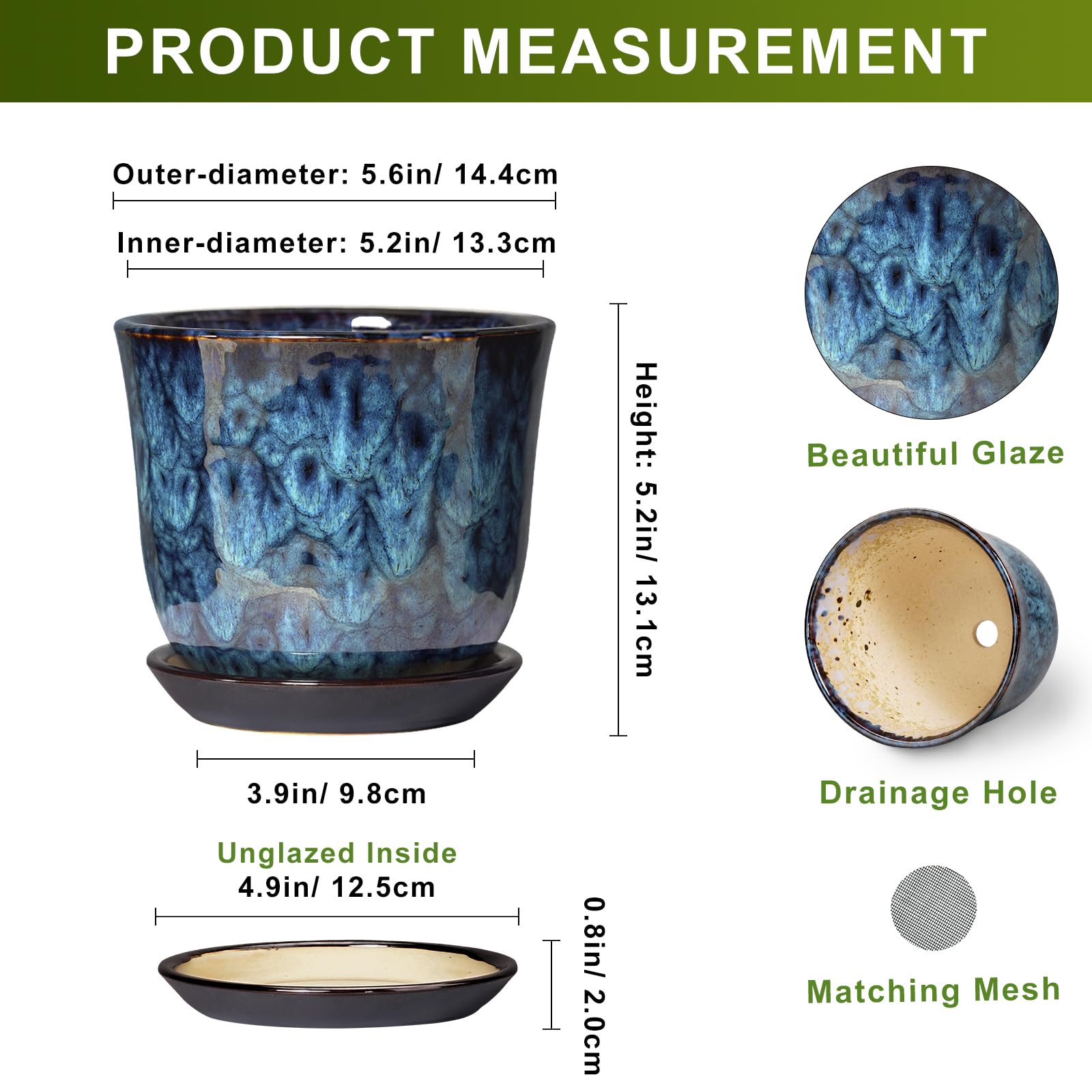 Side view of SUNPOTFOR Ceramic Pot with Drainage Saucer