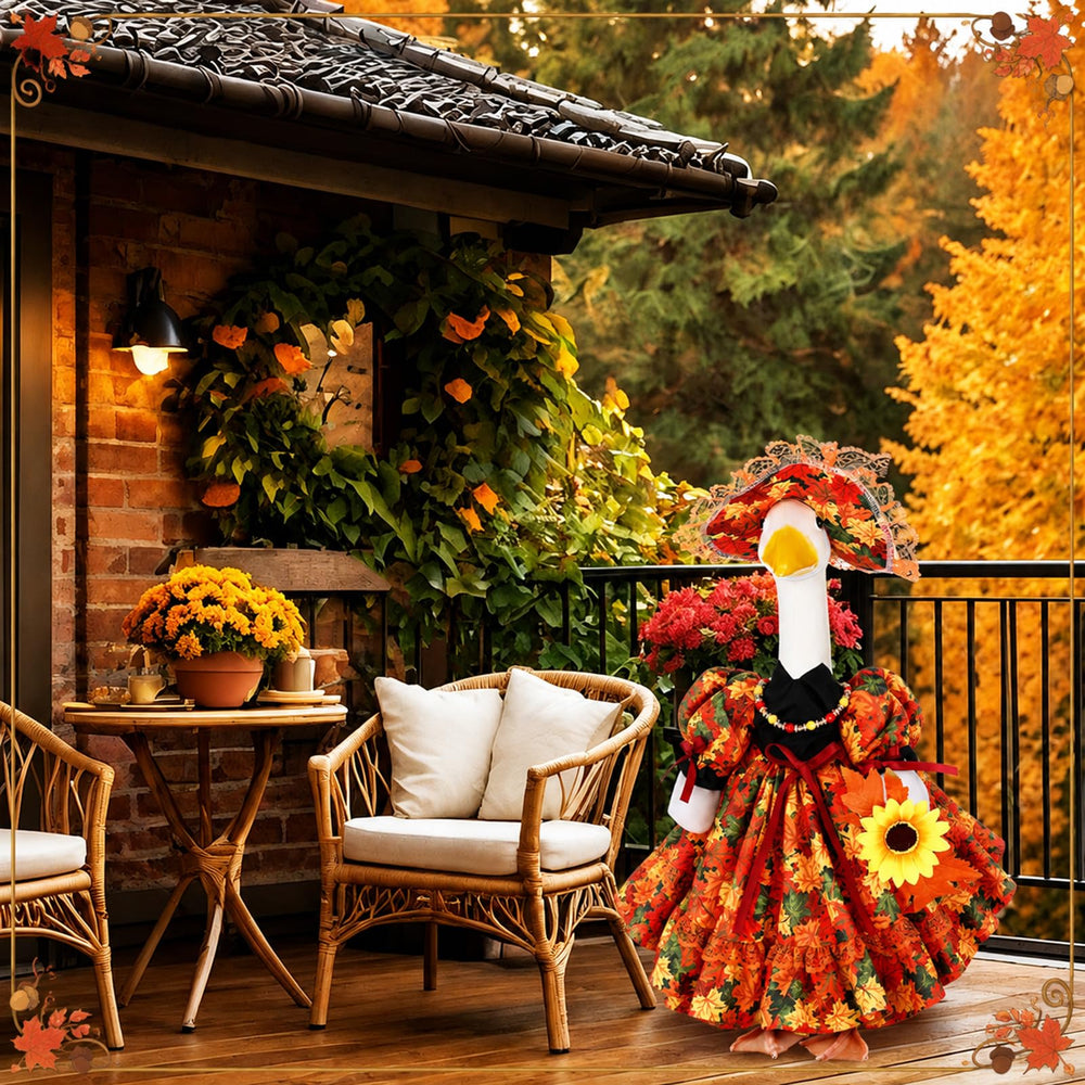 Side view of Suzile Fall Maple Goose Outfit highlighting plaid design