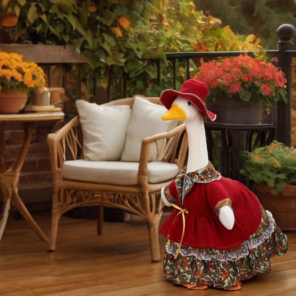 Side view of Suzile Goose Outfit with included maple leaf bouquet