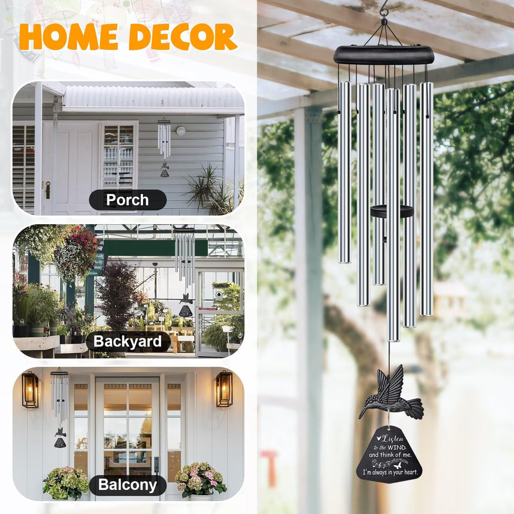 Side view of Synhonty wind chimes showcasing hummingbird detail