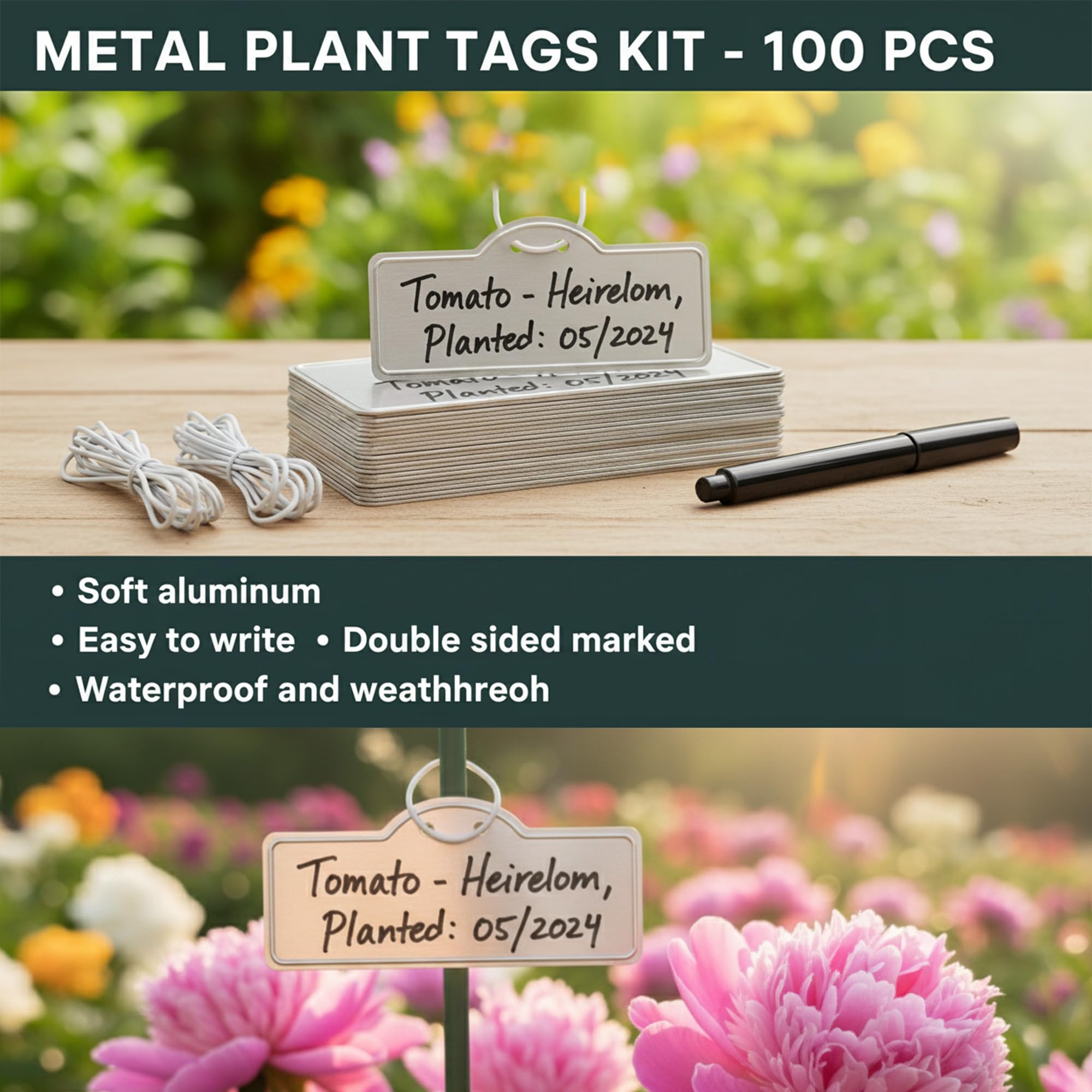 Side view of TCYPUHL aluminum plant tags with writing