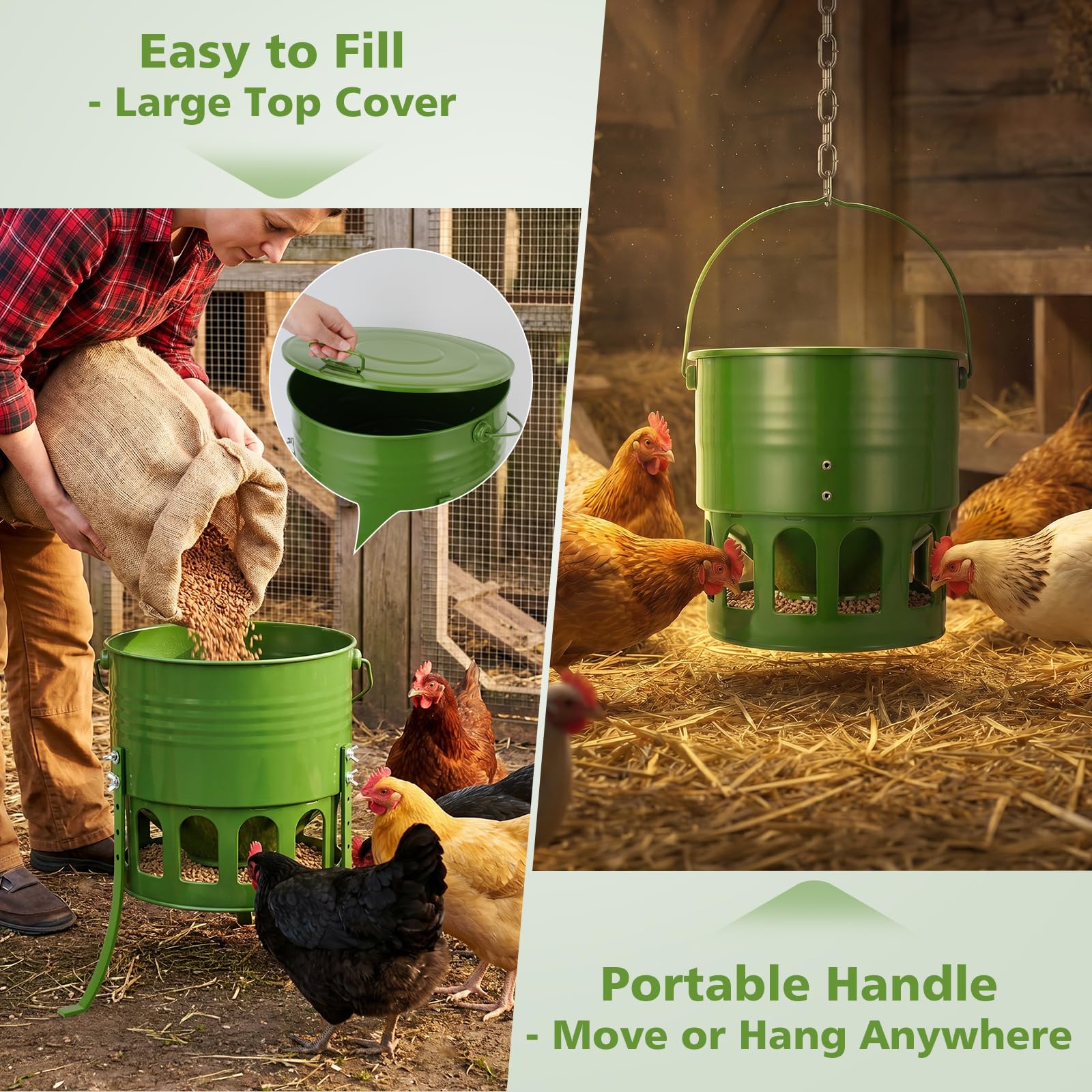 Side view of Tgeyd Metal Chicken Feeder with dimensions visible