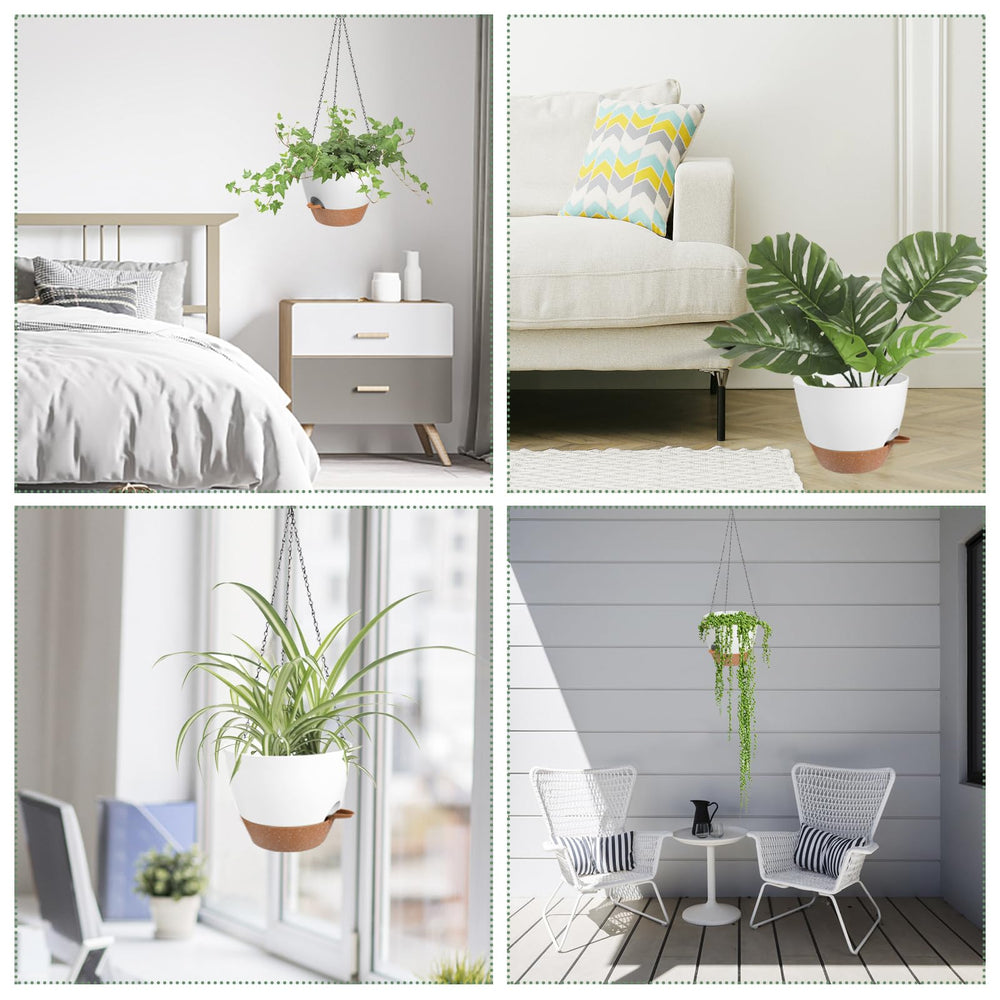 Side view of the 12 Inch Self-Watering Hanging Planter with plants