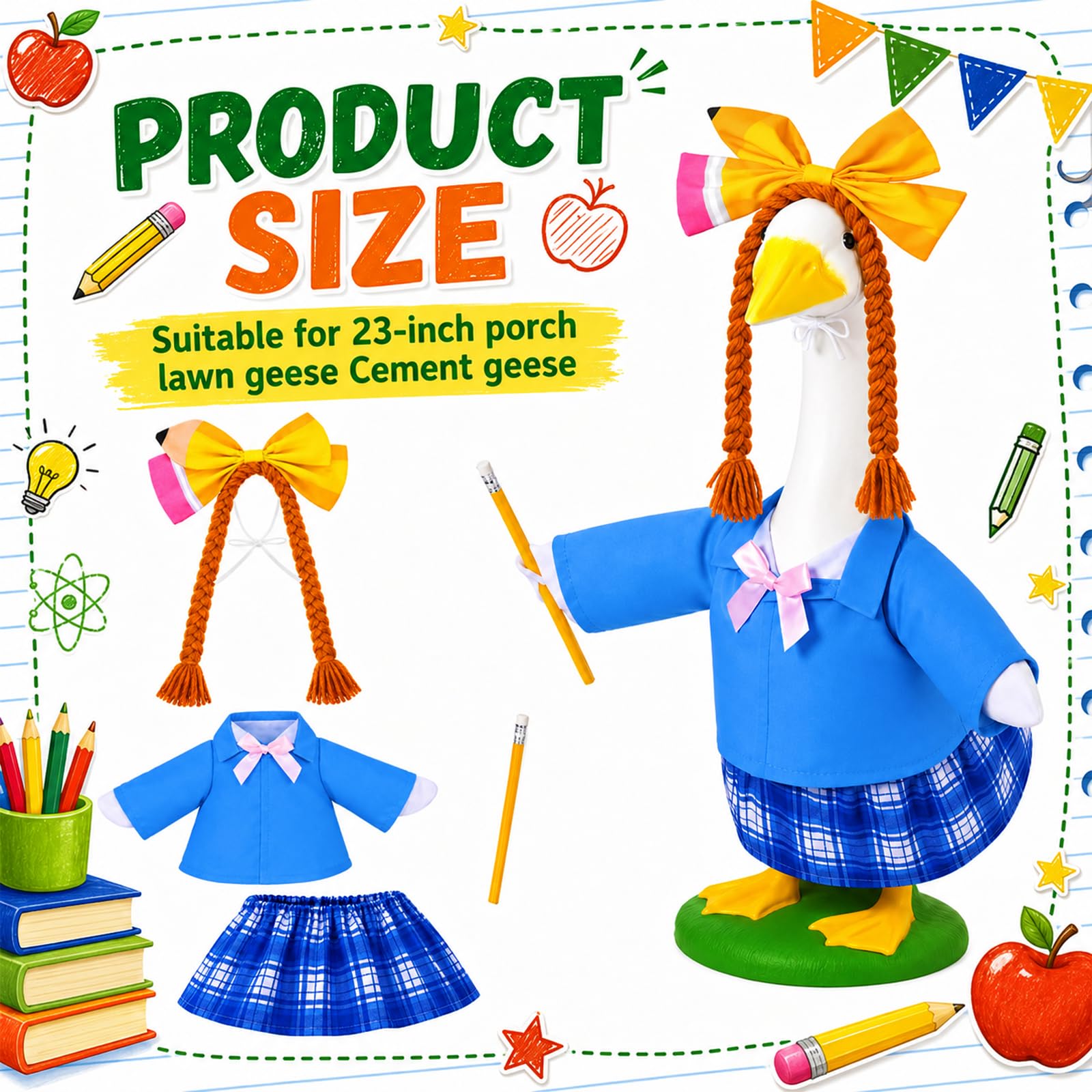 Side view of the 23-inch lawn goose dressed in back-to-school outfit