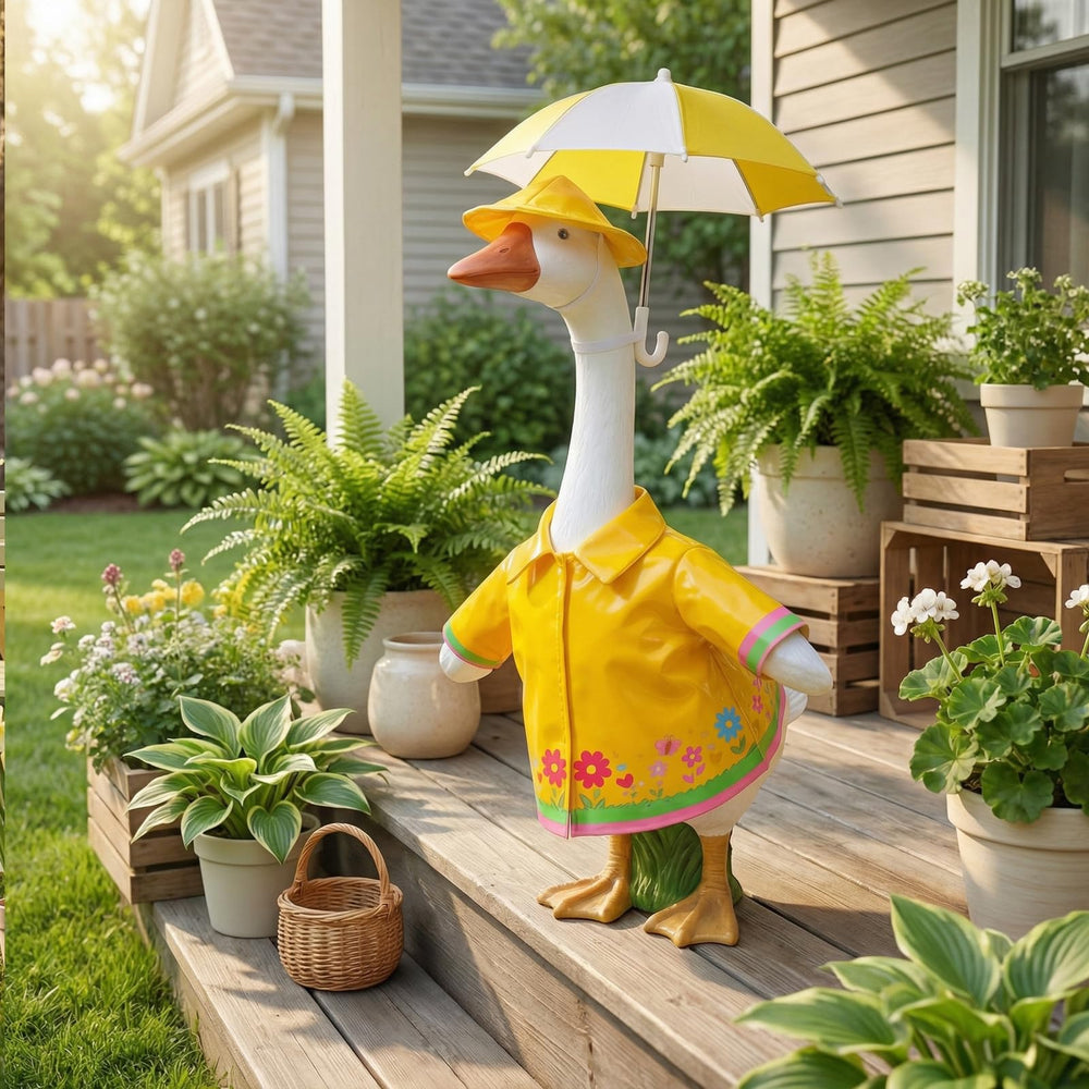 Side view of the 23-inch porch goose wearing the outfit