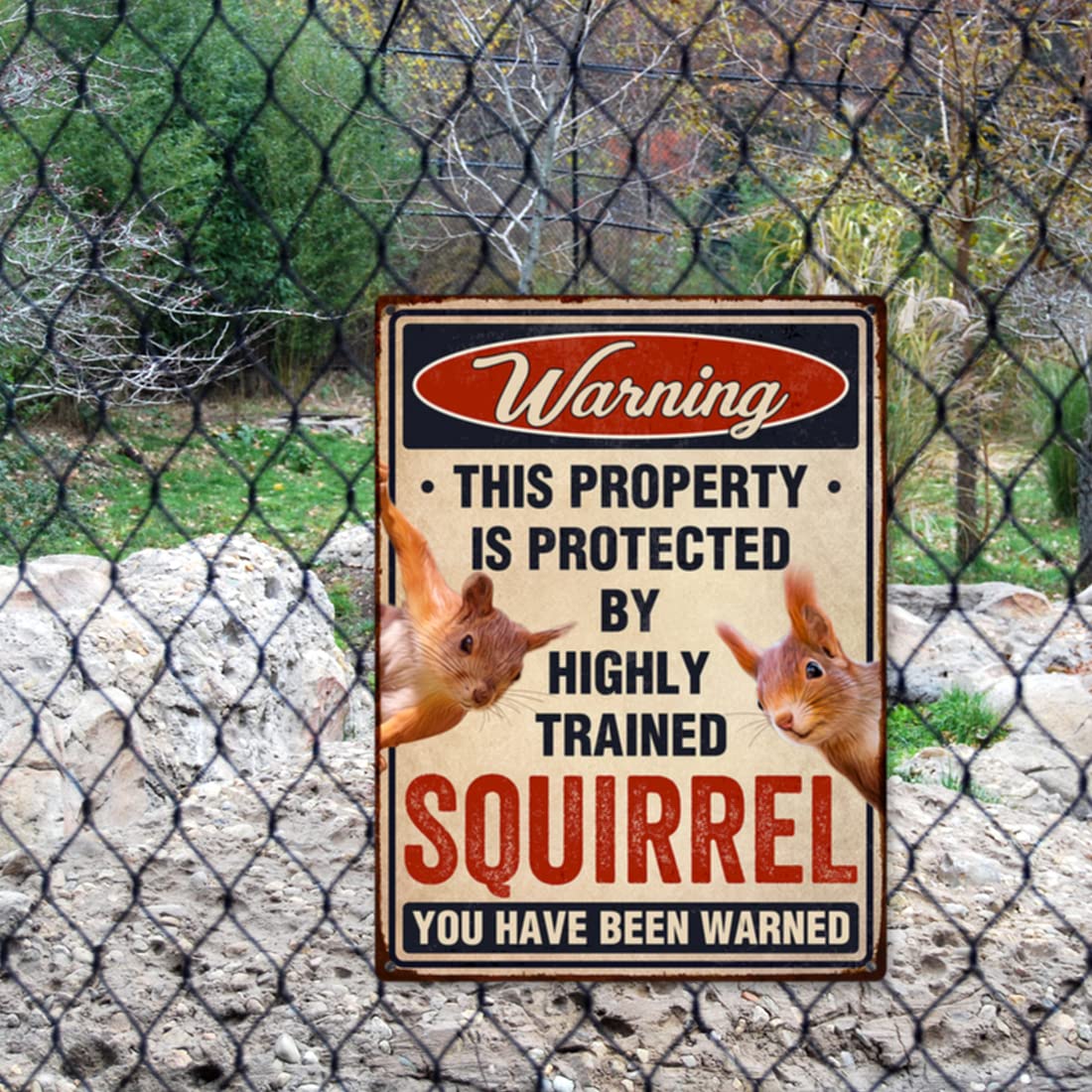 Side view of the 9x11 inches aluminum Funny Squirrels Sign
