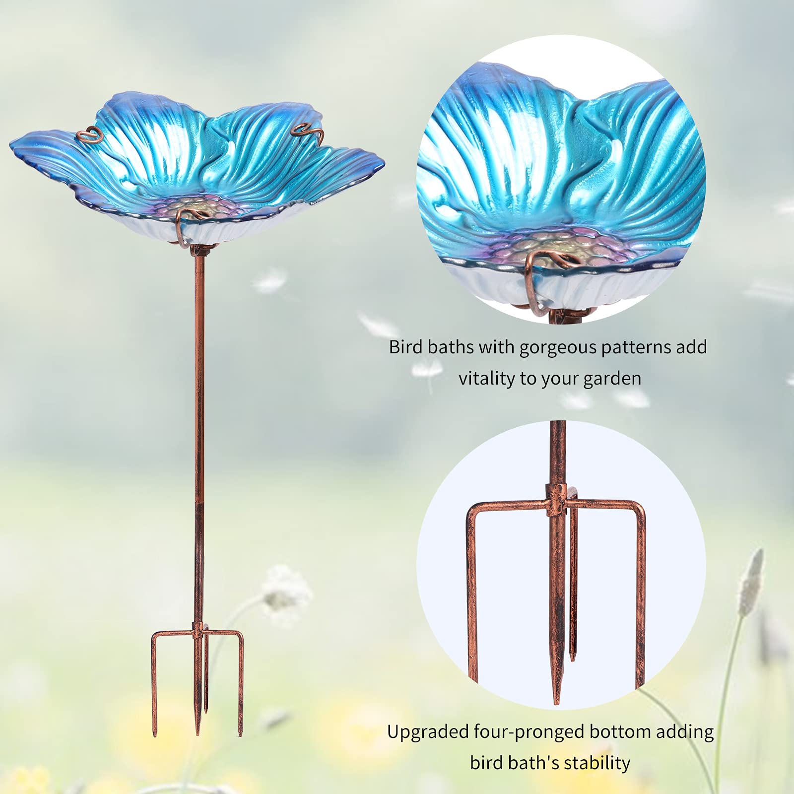 Side view of the bird bath showing the floral pattern