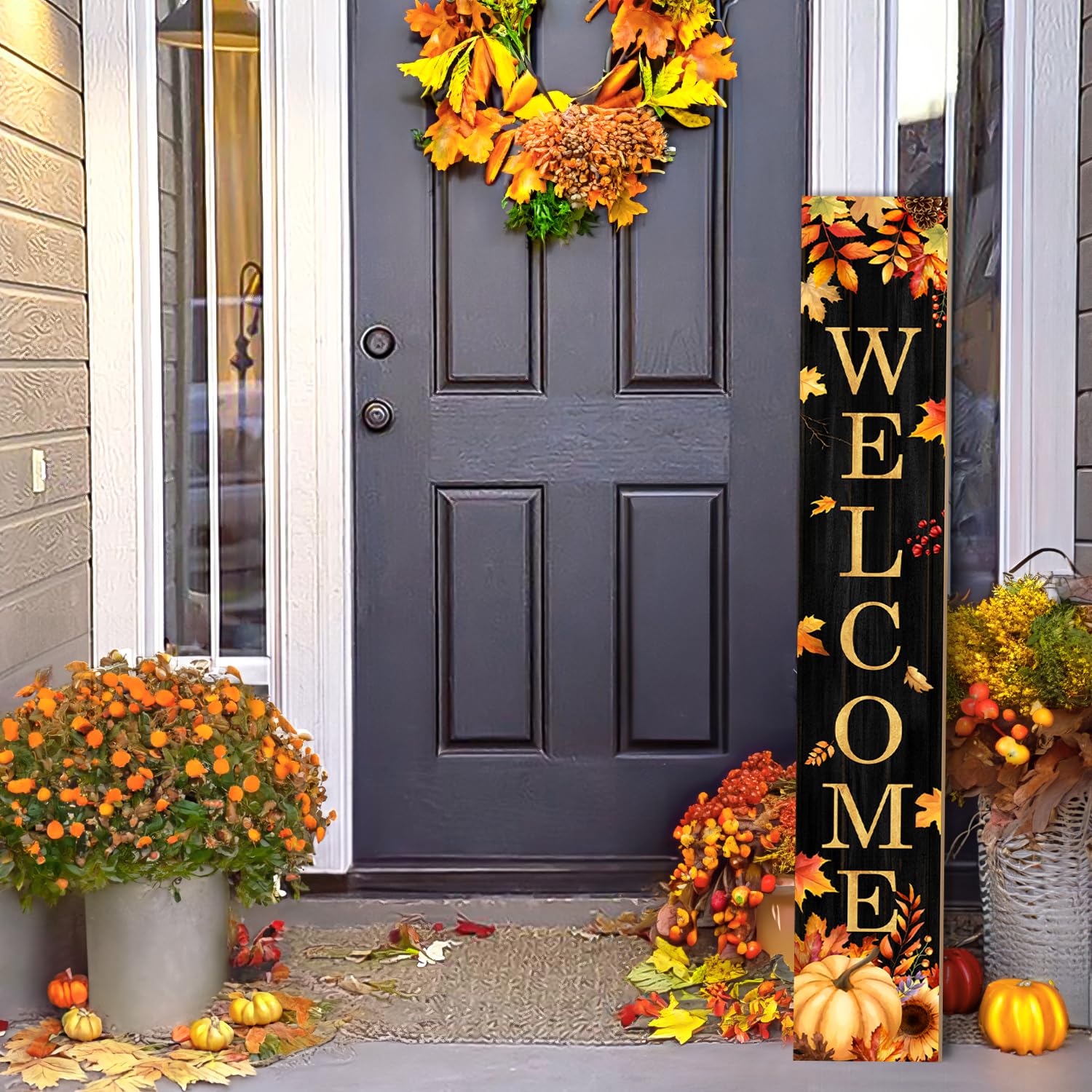 Side view of the Buxjexh Fall Welcome Porch Sign assembled in three panels