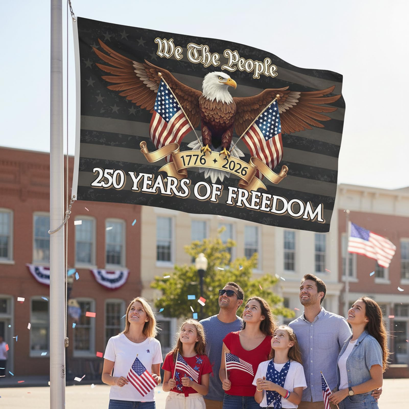 Side view of the double-sided 250th Anniversary USA Flag