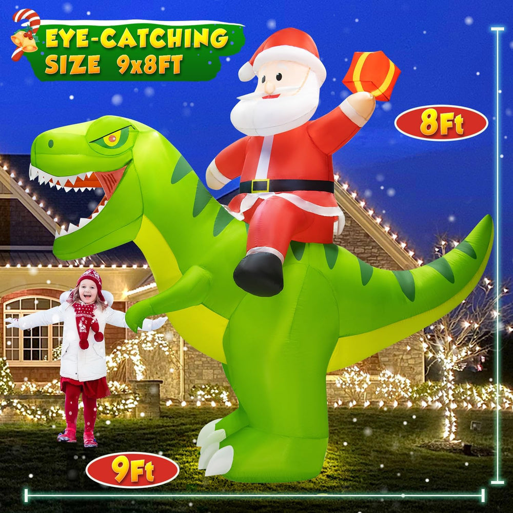 Side view of the giant dinosaur inflatable with Santa