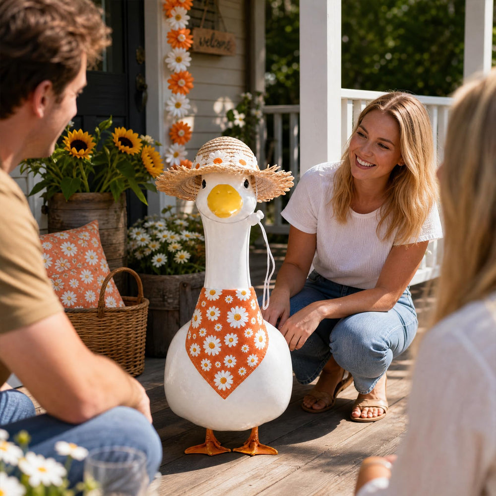 Side view of the Goose Outfit showcasing the cheerful daisy design