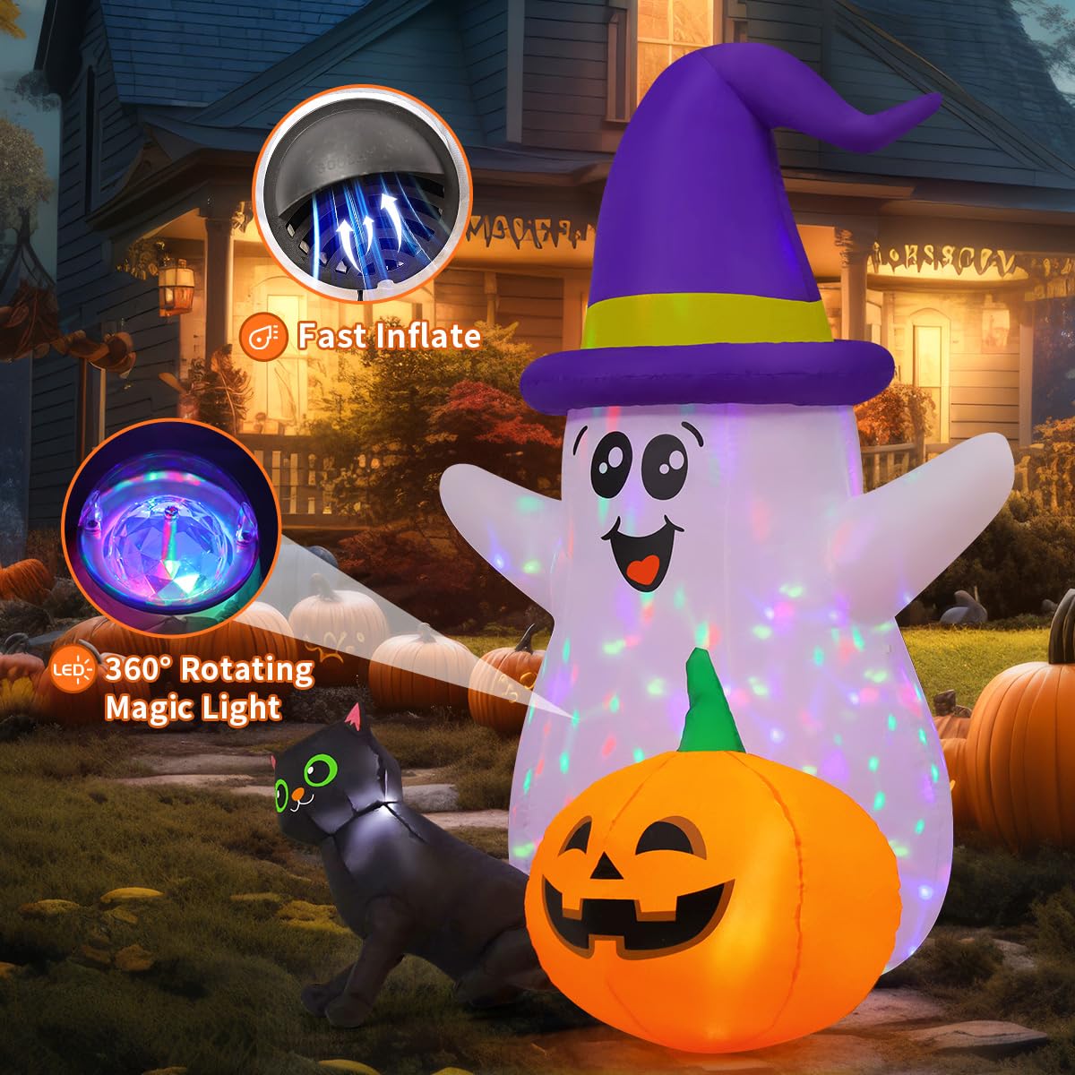 Side view of the GOOSH inflatable ghost with bright colours