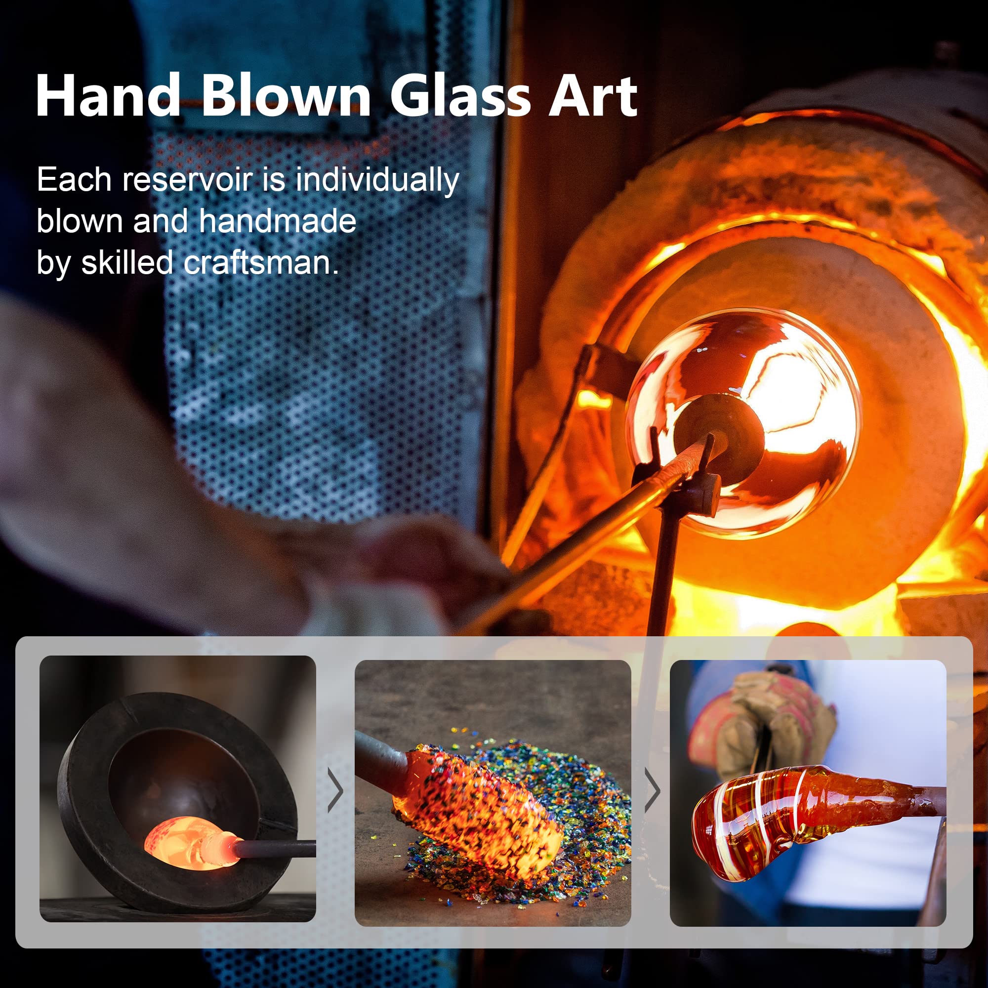 Side view of the hand blown glass hummingbird feeder in a garden setting