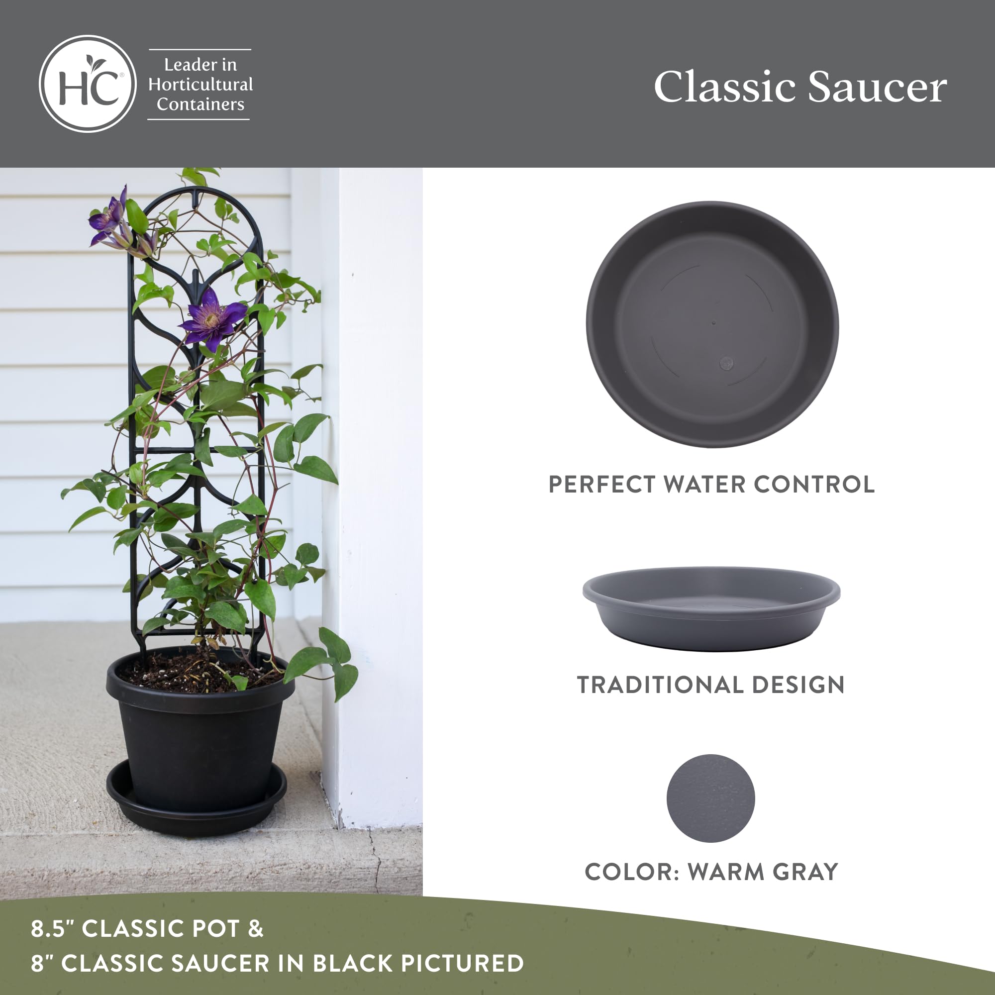 Side view of The HC Companies 6-inch warm gray plant saucer