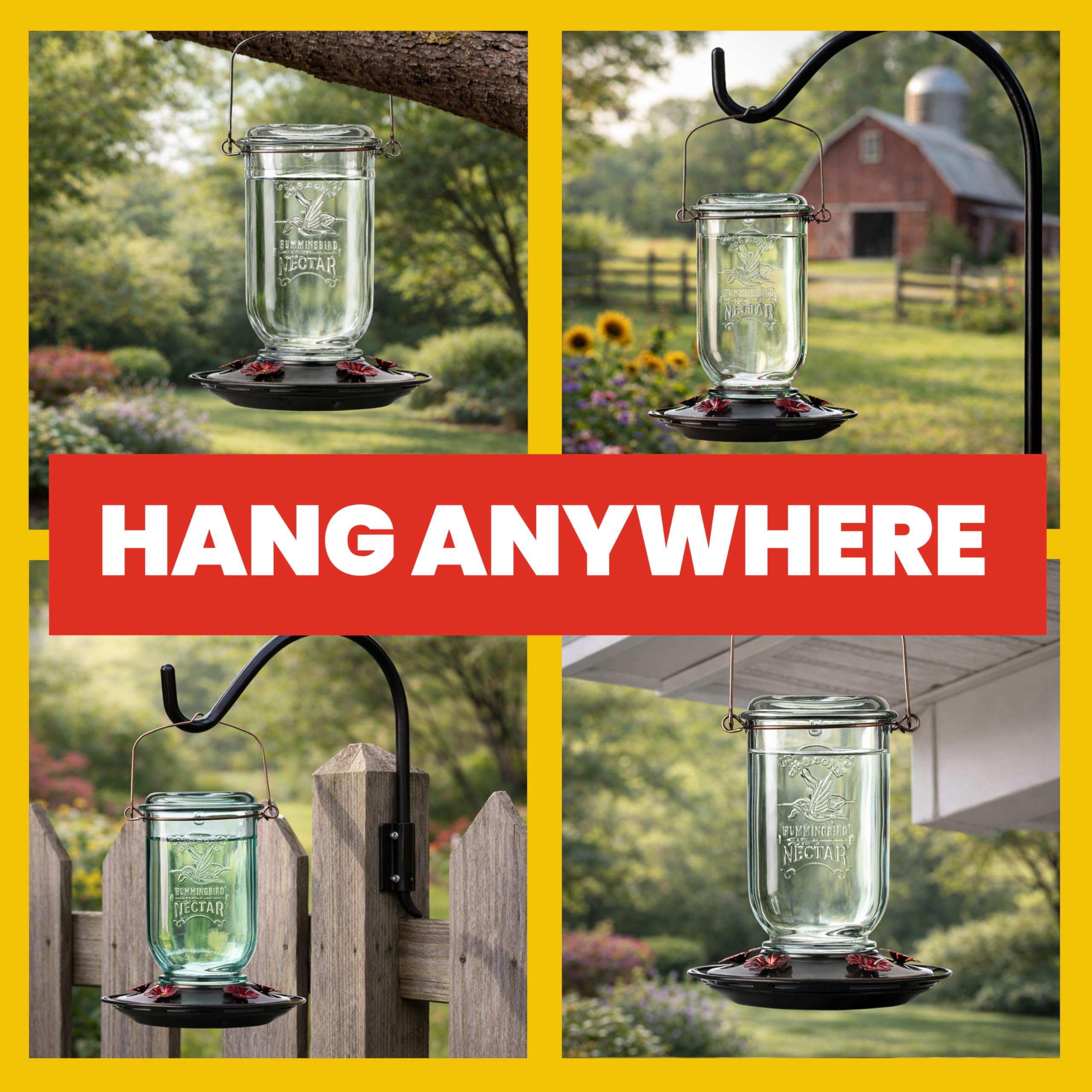 Side view of the hummingbird feeder hanging from a tree