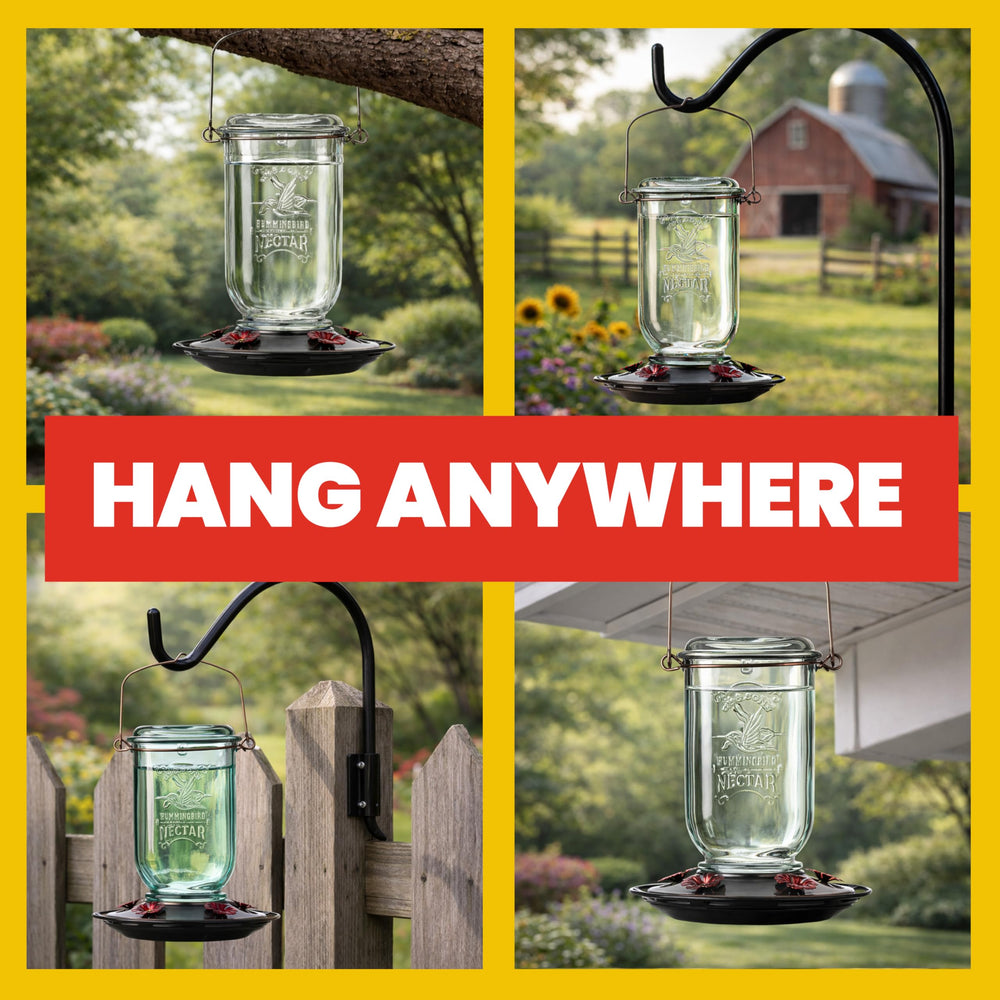 Side view of the hummingbird feeder hanging from a tree