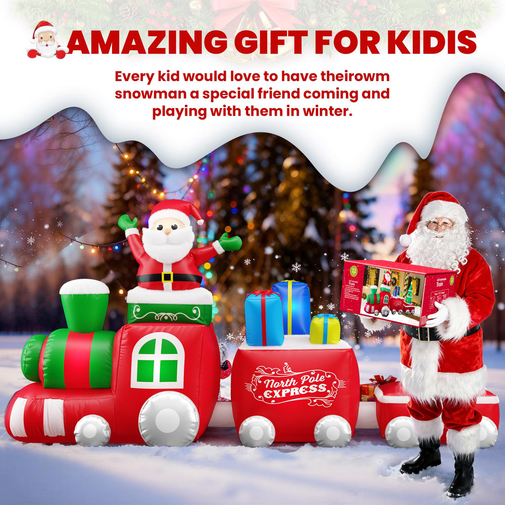 Side view of the inflatable Christmas train featuring a penguin and snowman
