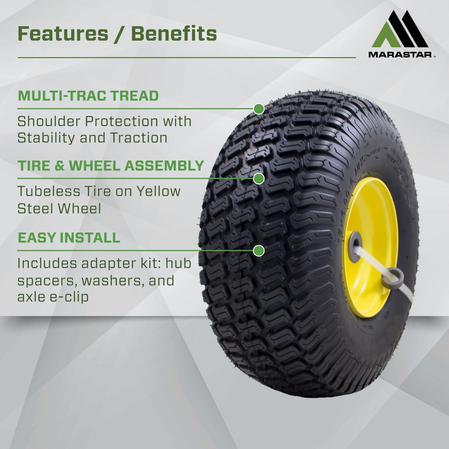 Side view of the MARASTAR 15x6.00-6 tire on a lawn mower