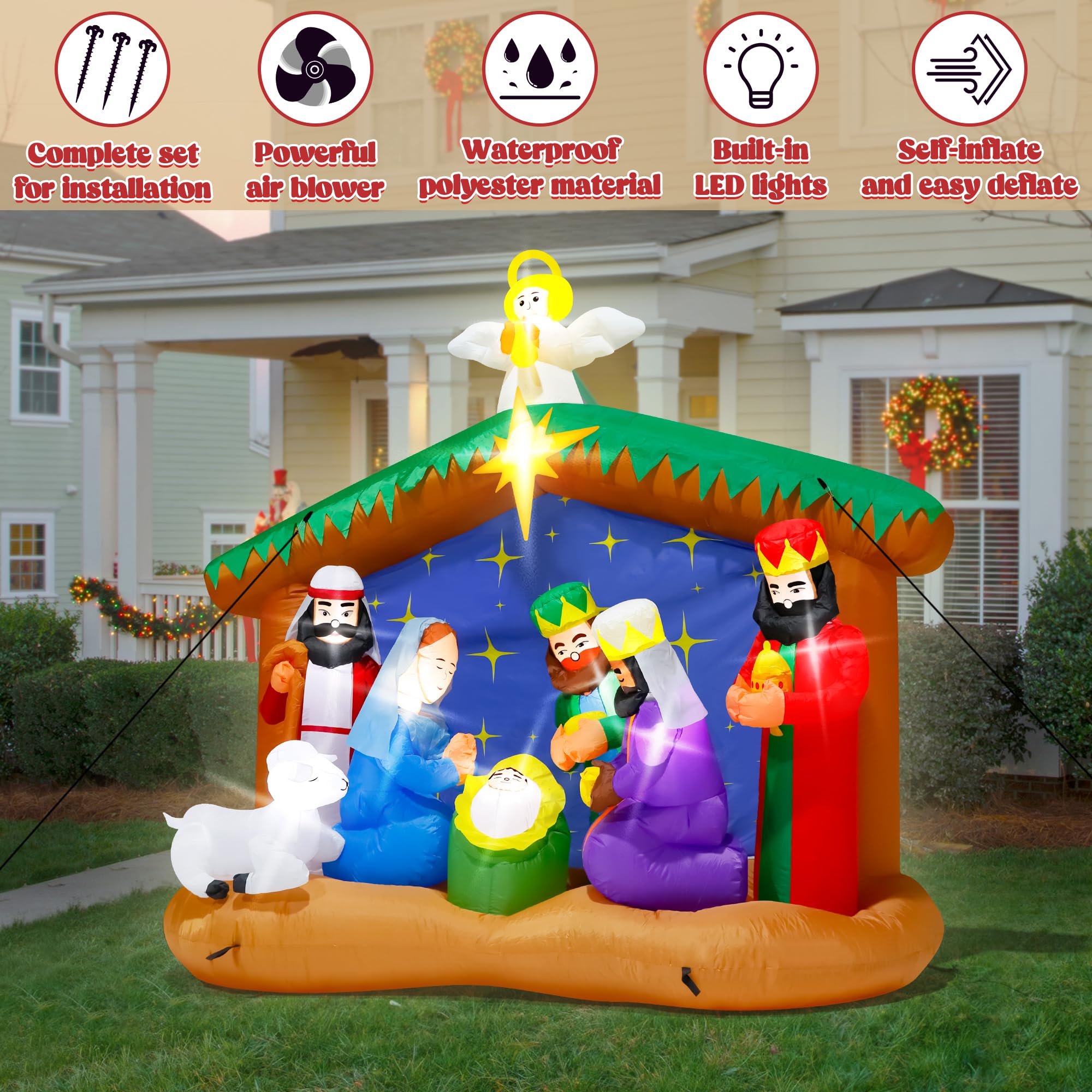 Side view of the Melisheer inflatable Nativity scene in a garden
