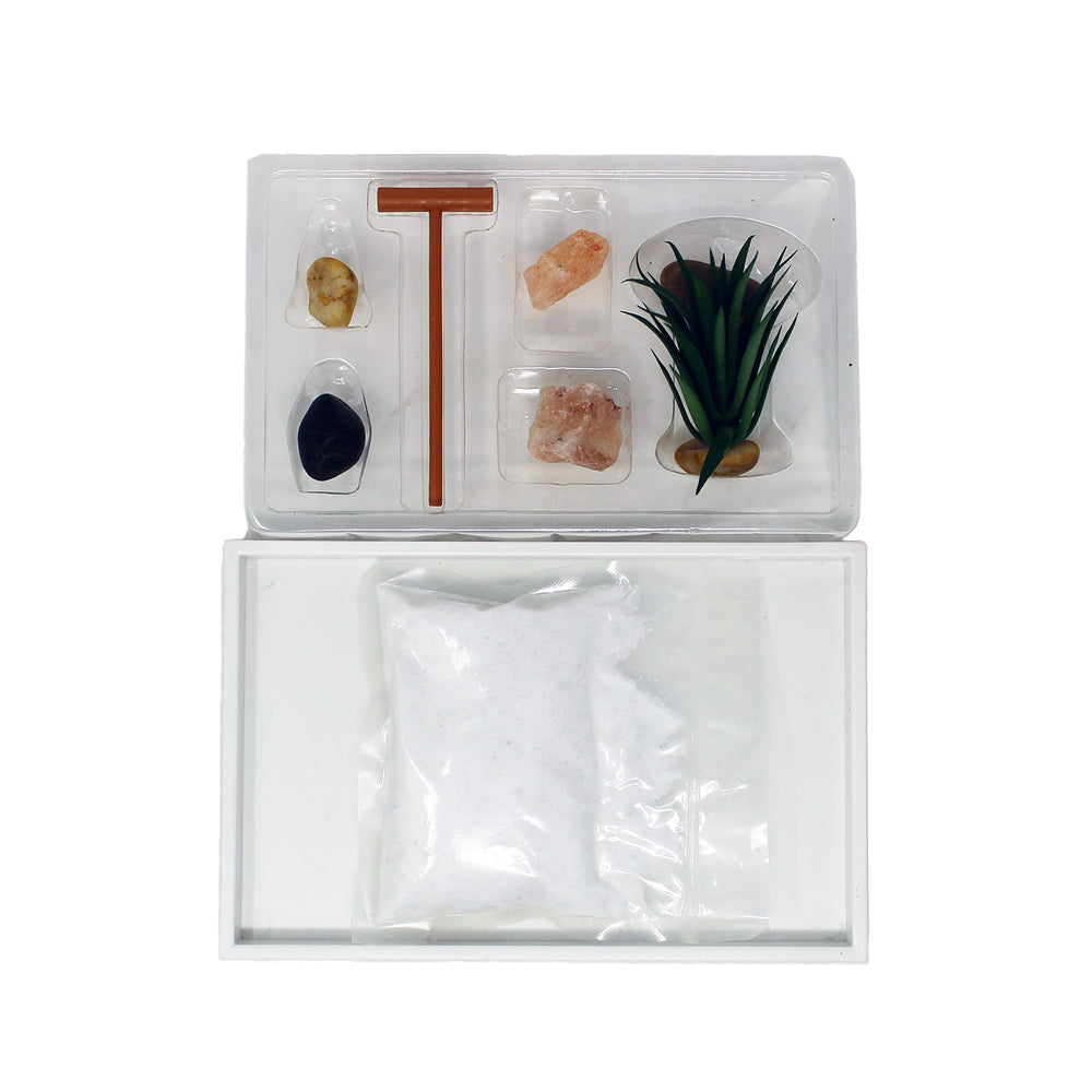 Side view of the Mini Zen Garden showing white base