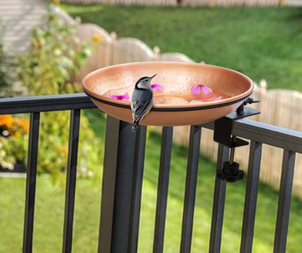 Side view of the Monarch Abode bird feeder and bath