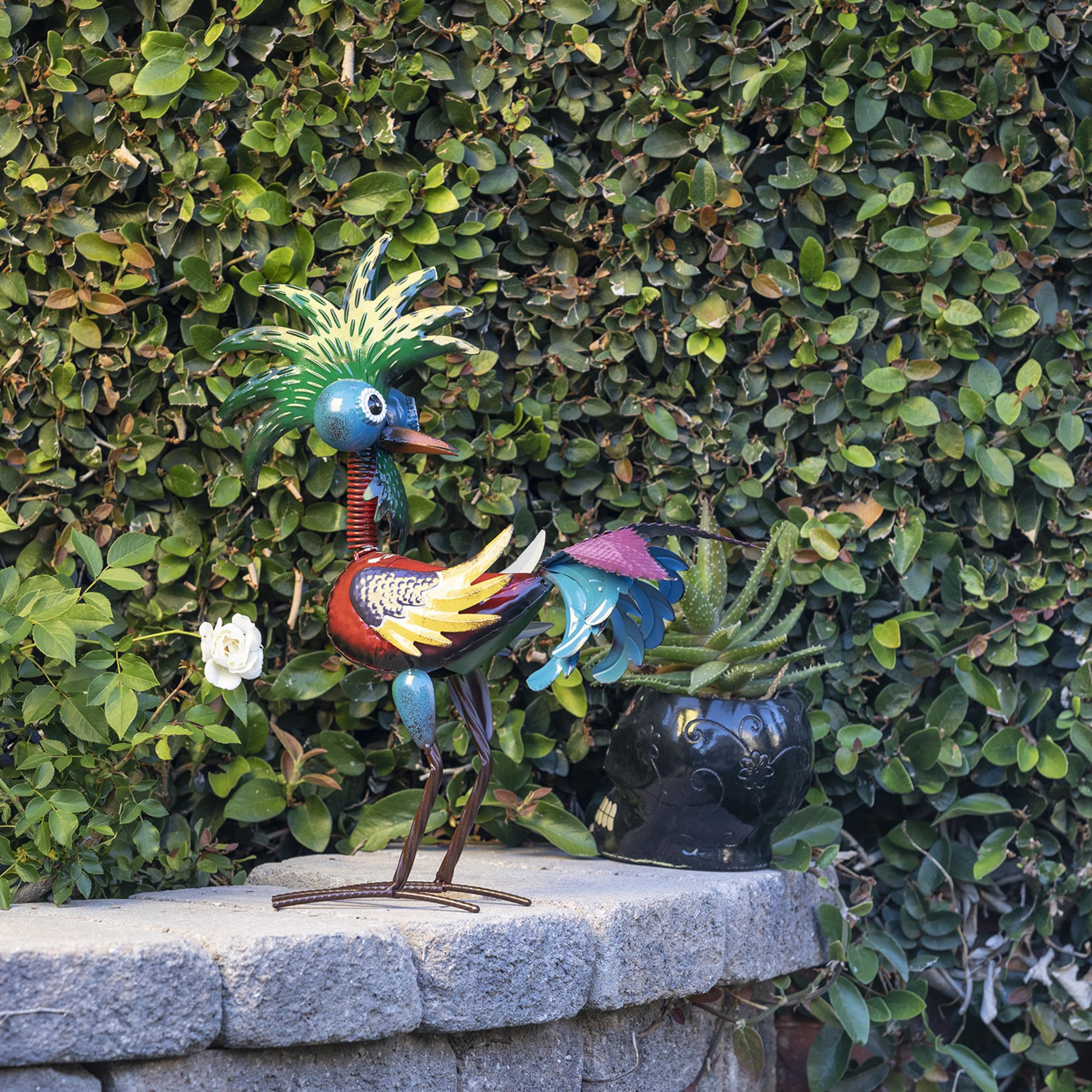 Side view of the multicolor Alpine Tropical Rooster Statue