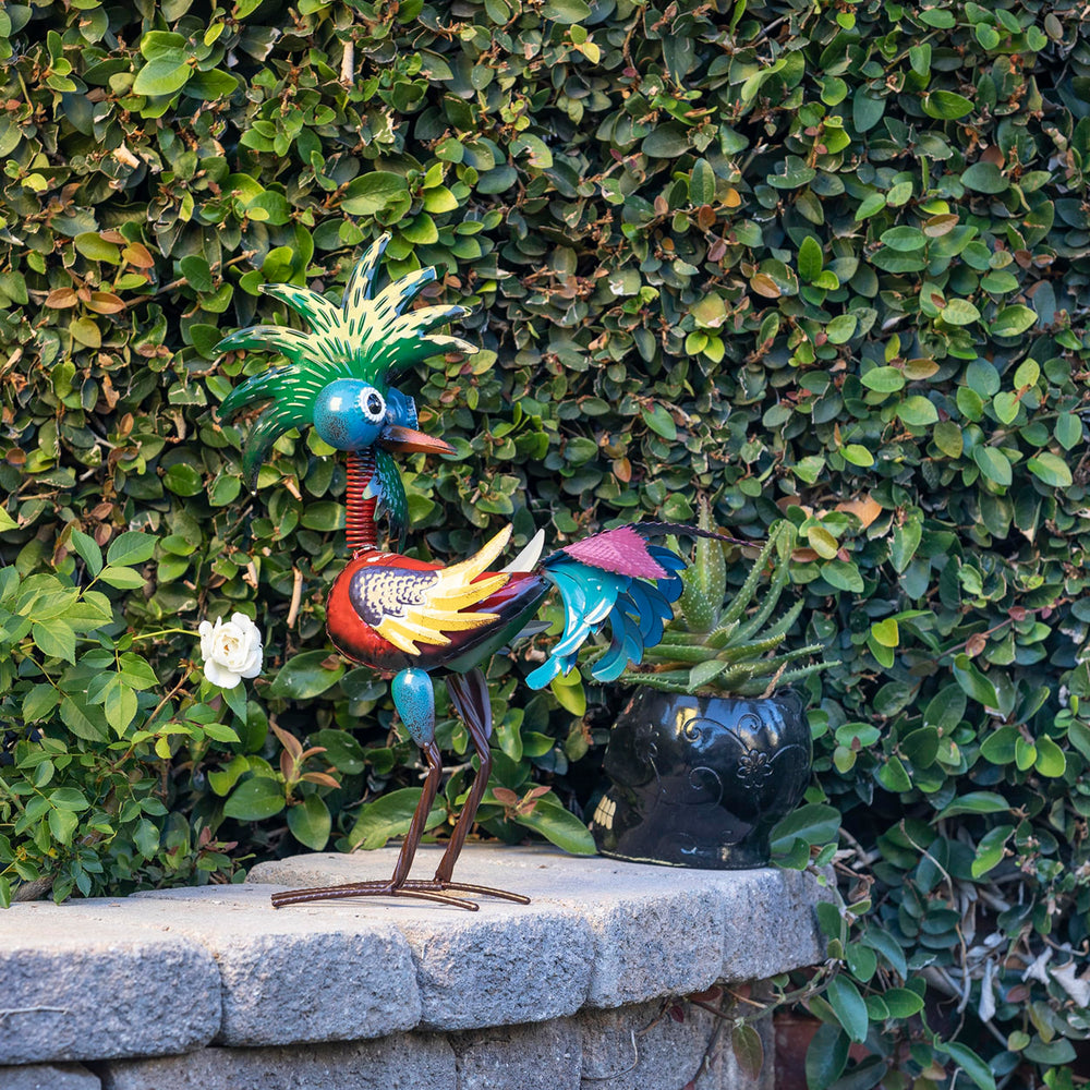 Side view of the multicolor Alpine Tropical Rooster Statue