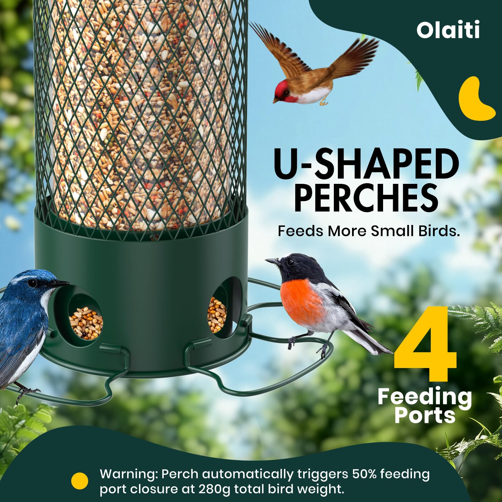 Side view of the Olaiti bird feeder with four perches