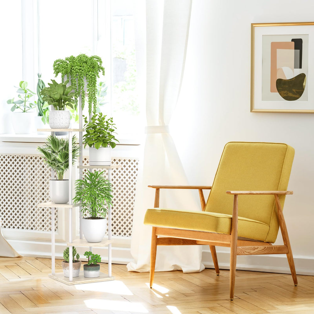 Side view of the Oppro 6 Tier Tall Plant Stand with plants