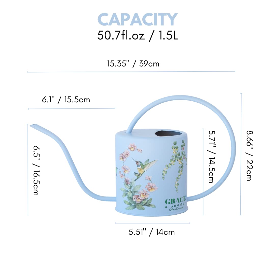 Side view of the oval-shaped watering can with curved handle