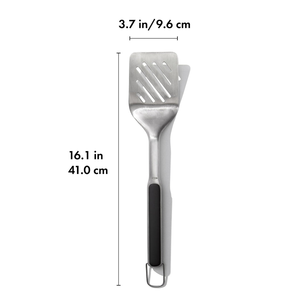 Side view of the OXO Grilling Turner highlighting its double-bend design